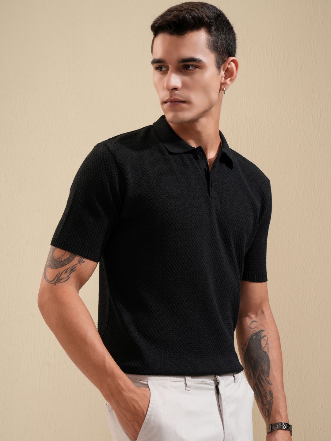 

HIGHLANDER Men Self Design Polo Collar Cotton Relaxed Fit T-shirt, Black