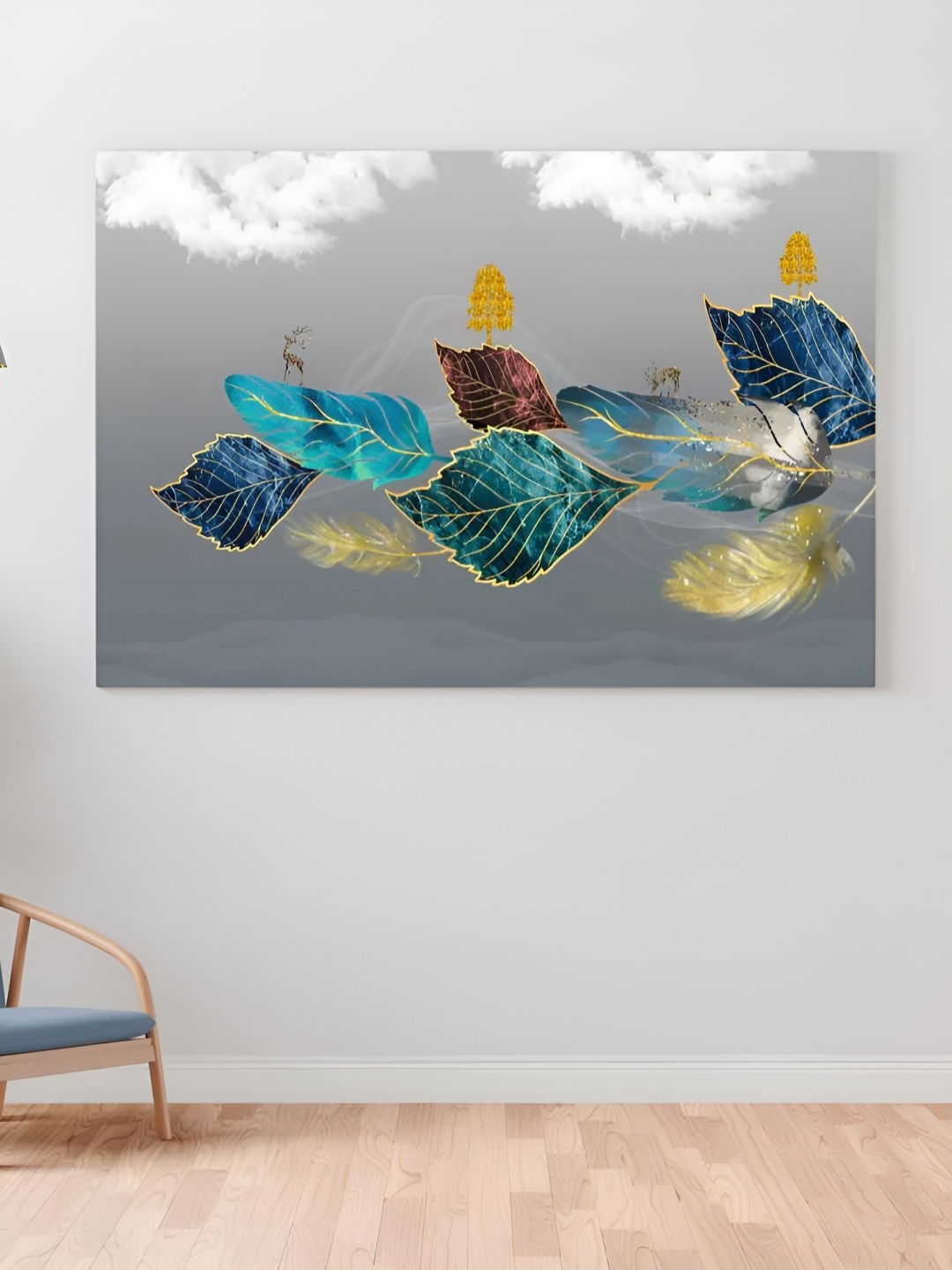 

CLAWCRAFTS Grey & Navy Blue Floral Canvas Wooden Wall Art