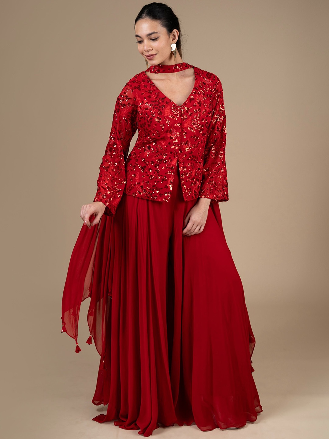

House Of Dharaa Embellished V-Neck Top with Palazzo With Dupatta, Red