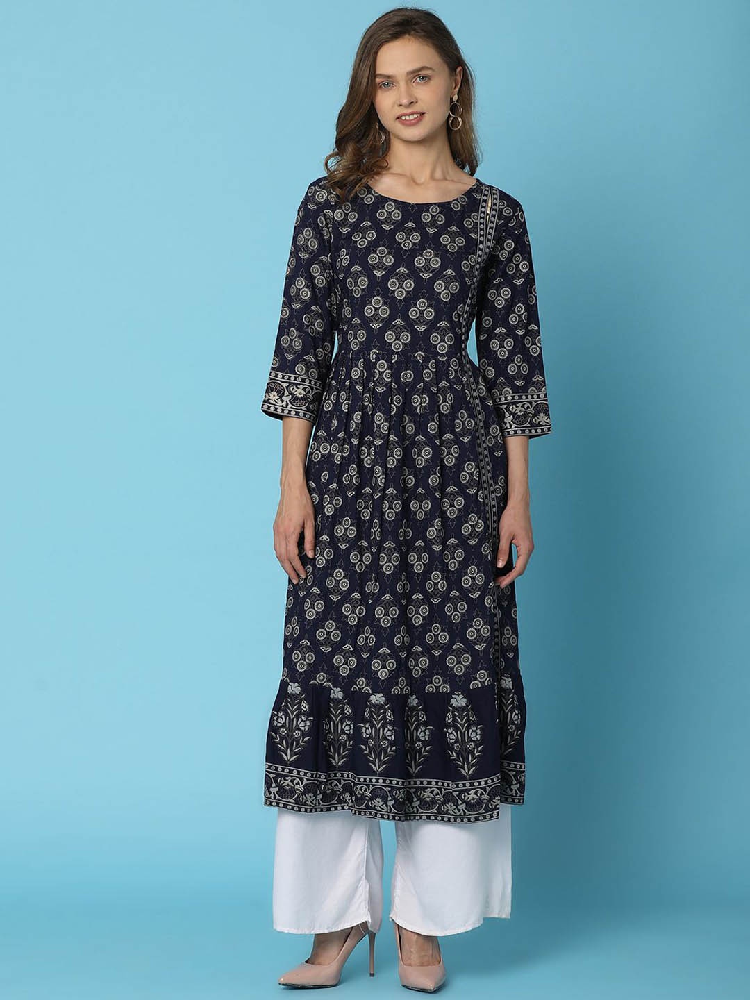 

V-Mart Floral Printed Cotton Tiered Anarkali Kurta, Navy blue
