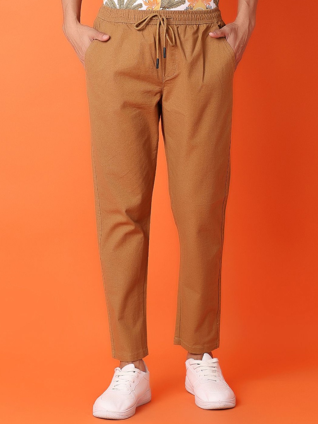 

V-Mart Men Mid-Rise Cotton Linen Track Pants, Brown