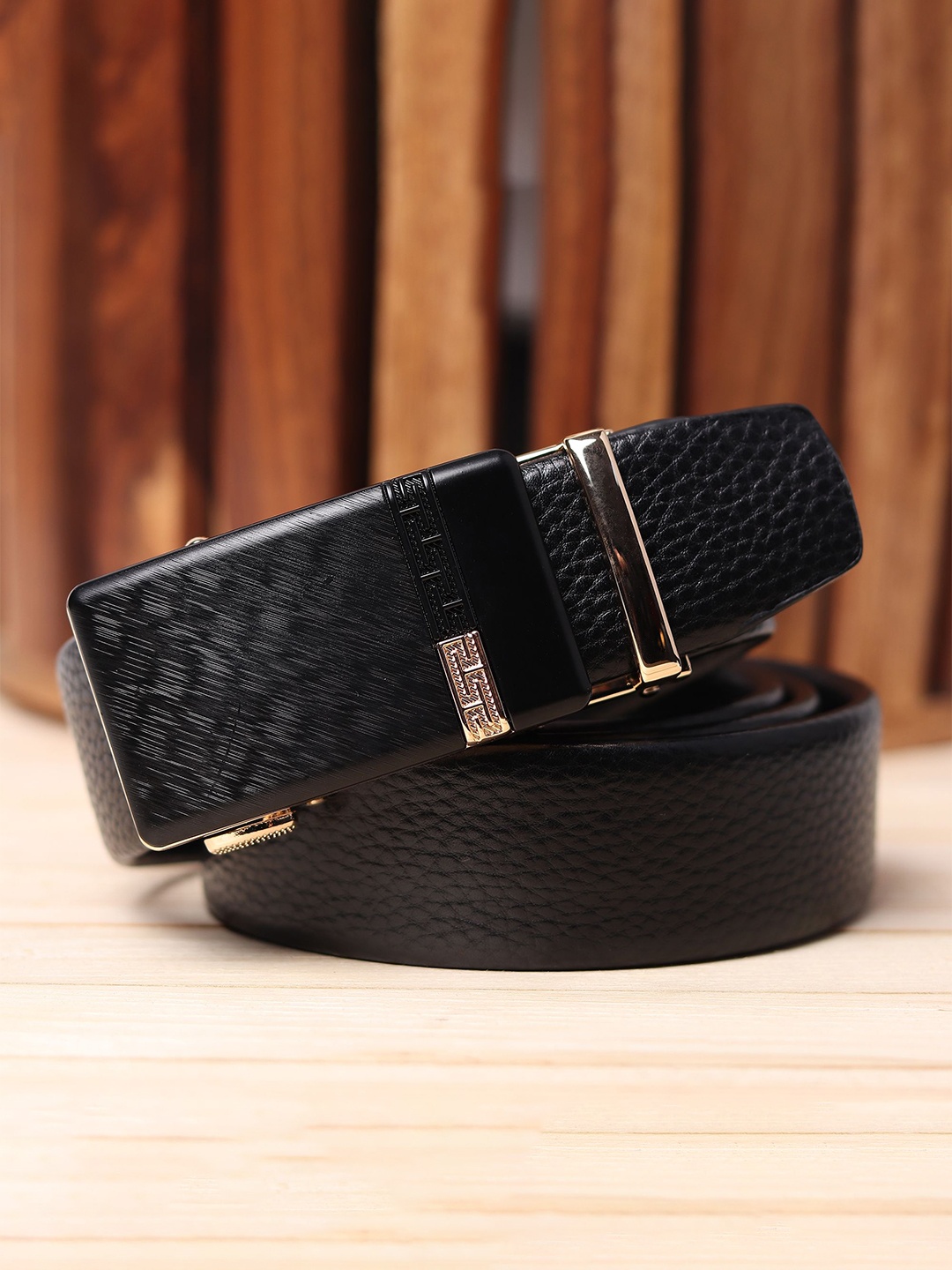 

WINSOME DEAL Men Slider Buckle Closure Textured Formal Belt, Black