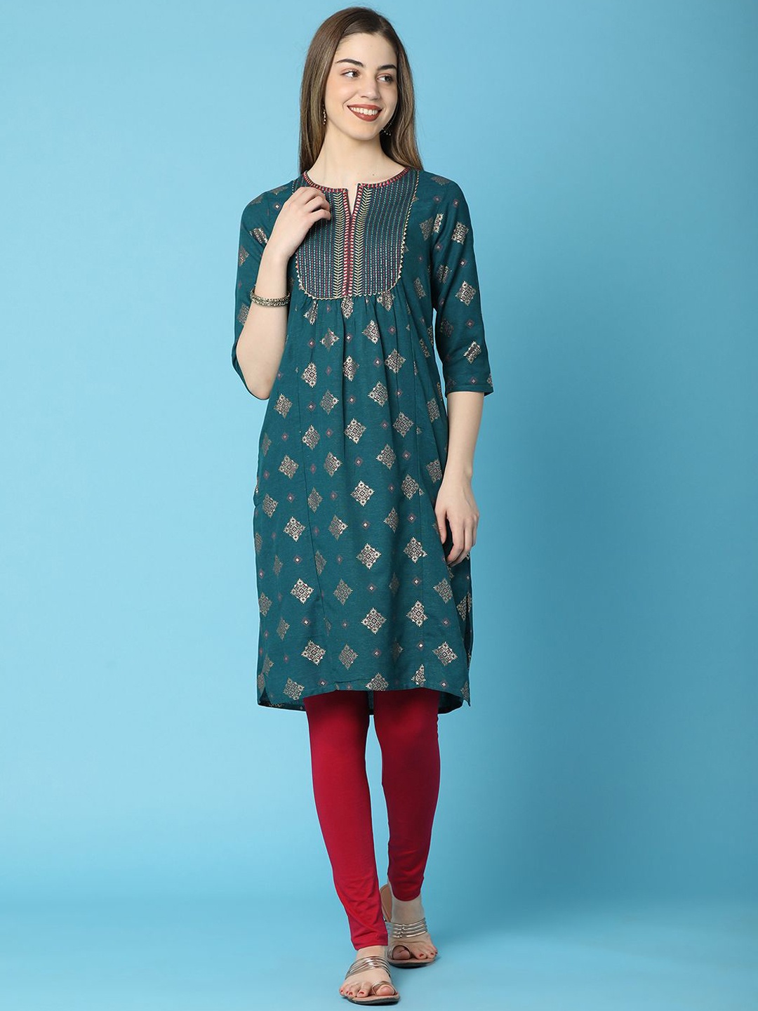 

V-Mart Ethnic Motifs Printed Notch Neck Thread Work A-Line Kurta, Teal