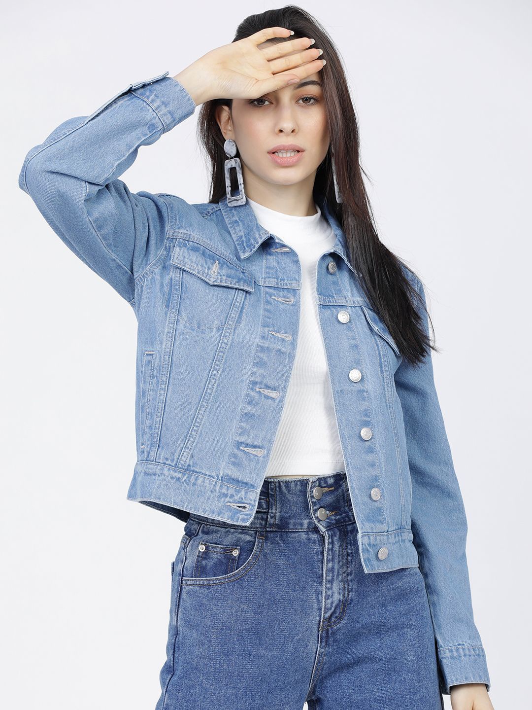 

Tokyo Talkies Women Washed Crop Denim Jacket, Blue