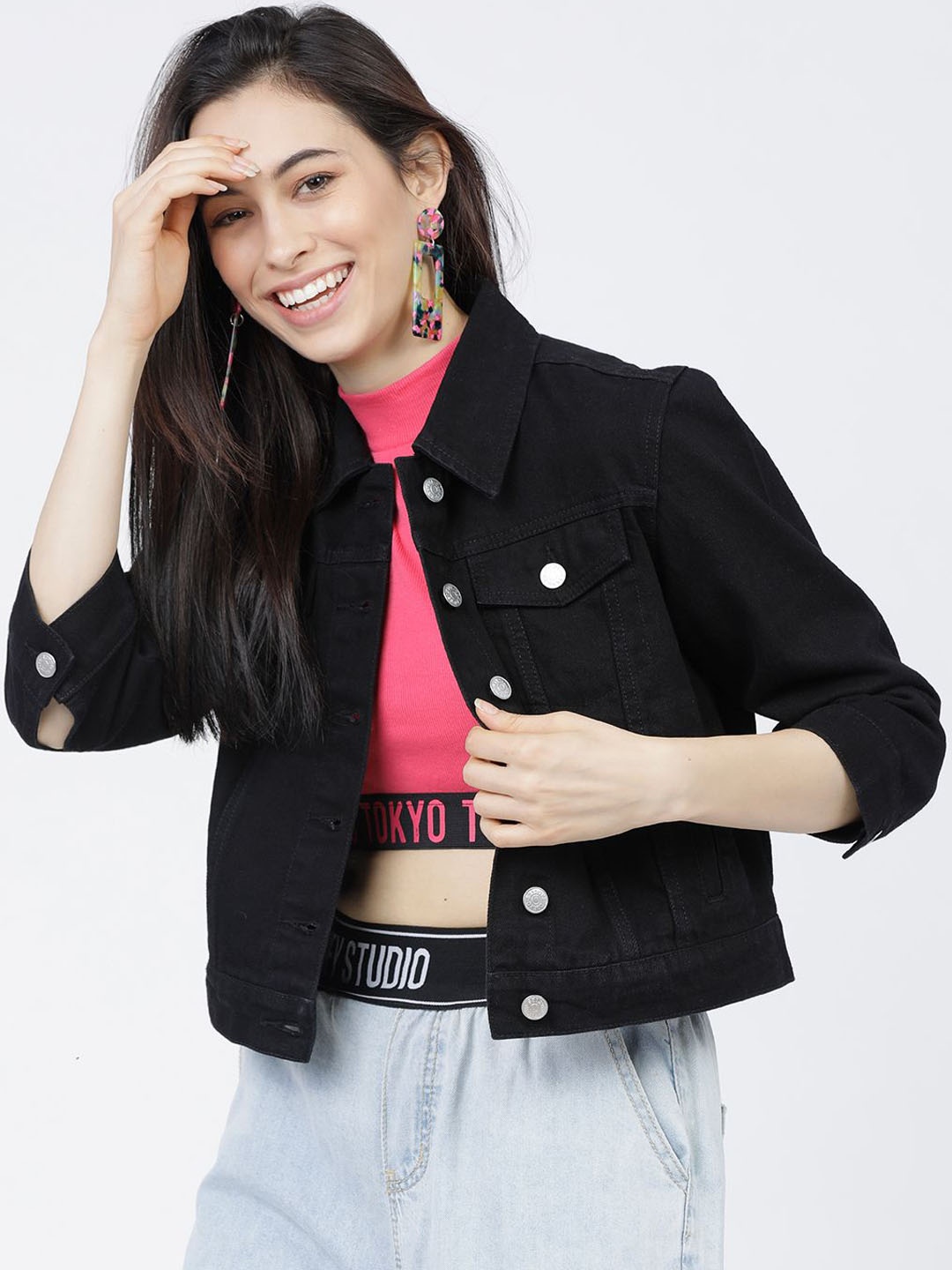 

Tokyo Talkies Women Geometric Crop Denim Jacket Embroidered, Black