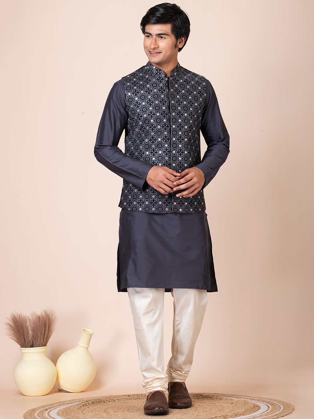 

HU - Handcrafted Uniquely Mandarin Collar Straight Kurta with Churidar & Jacket, Black