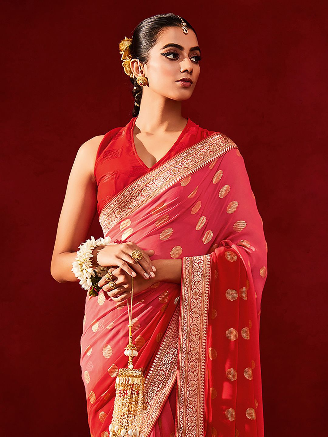

Saree mall Woven Design Zari Polka Dots Sarees, Pink
