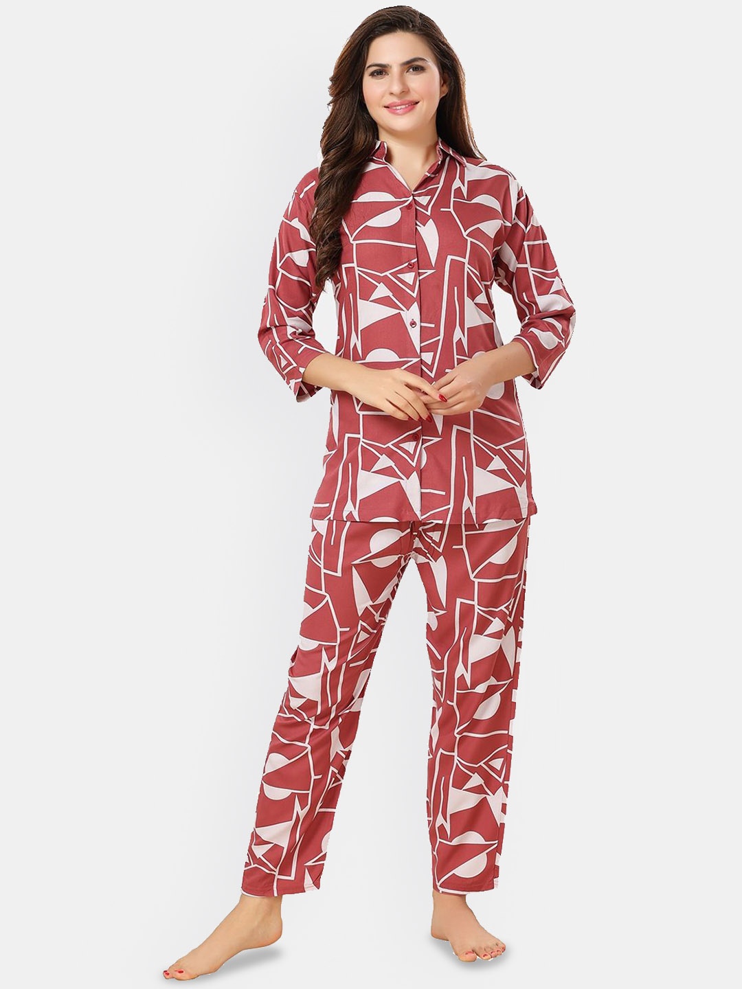 

Fabme Geometric Printed Shirt & Trousers, Pink