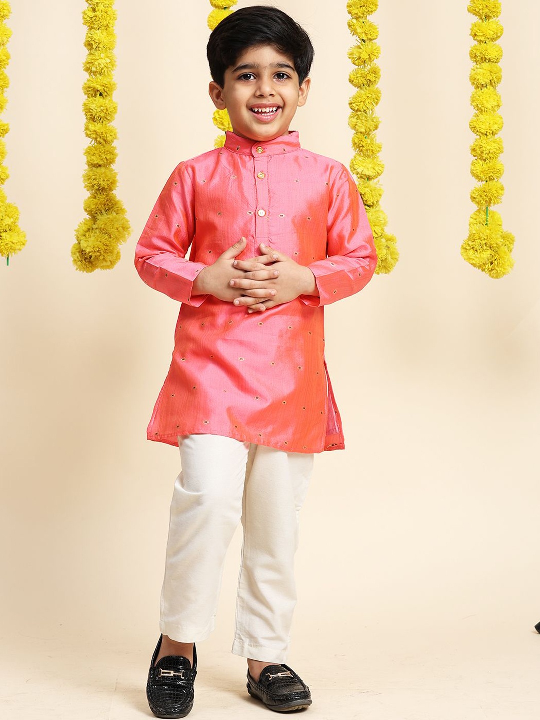 

Cutiekins Boys Mandarin Collar Straight Kurta With Trousers, Pink