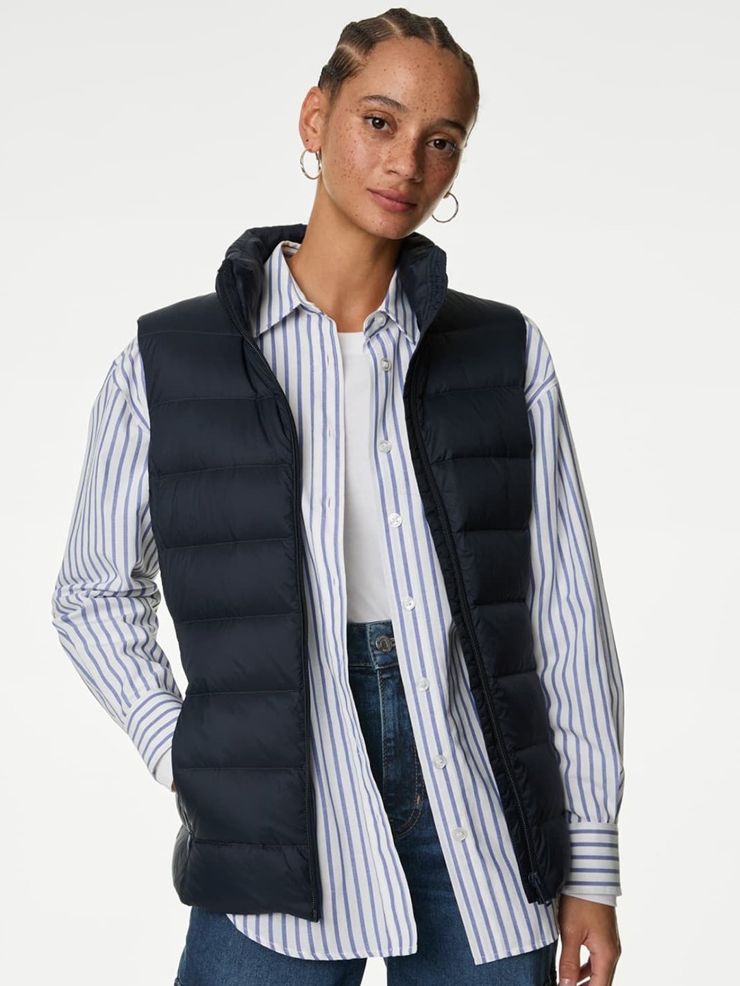 

Marks & Spencer Women Striped Polyester Lightweight Crop Padded Jacket, Navy blue
