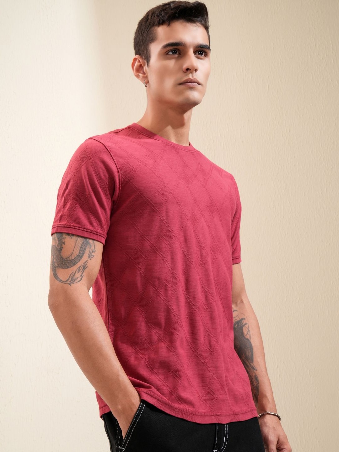 

HIGHLANDER Men Self Design Round Neck Cotton T-shirt, Coral