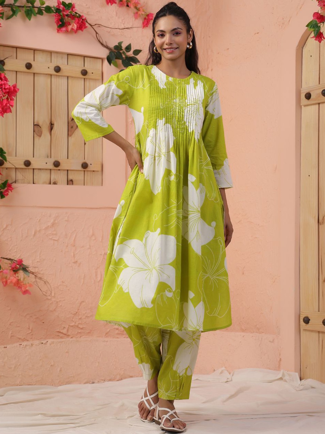 

KALINI Floral Printed Pleated Pure Cotton A-Line Kurta With Trousers, Lime green