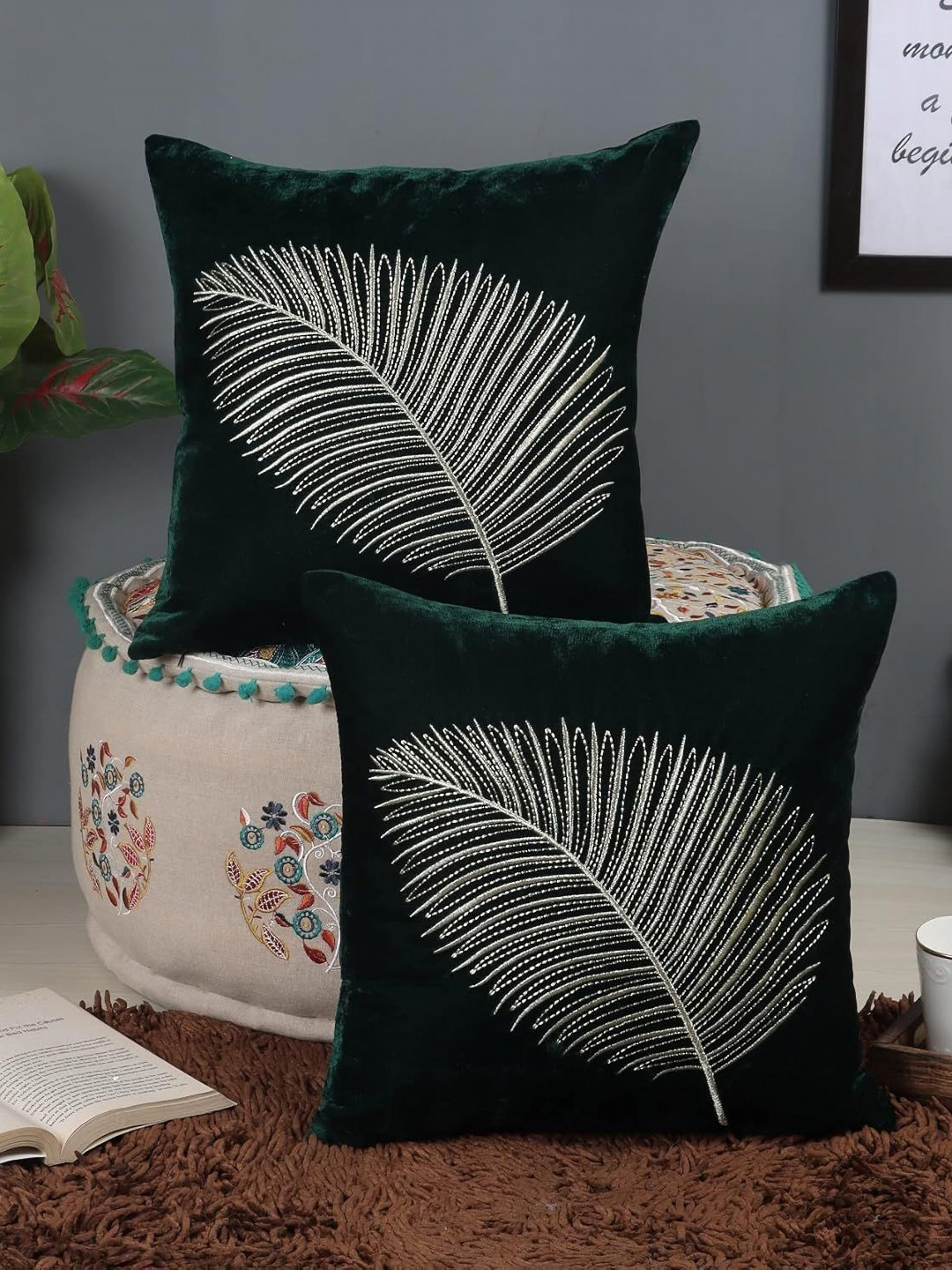 

Decoghar Green Zari Leaf Embroidered 2 Pieces Square Cushion Covers