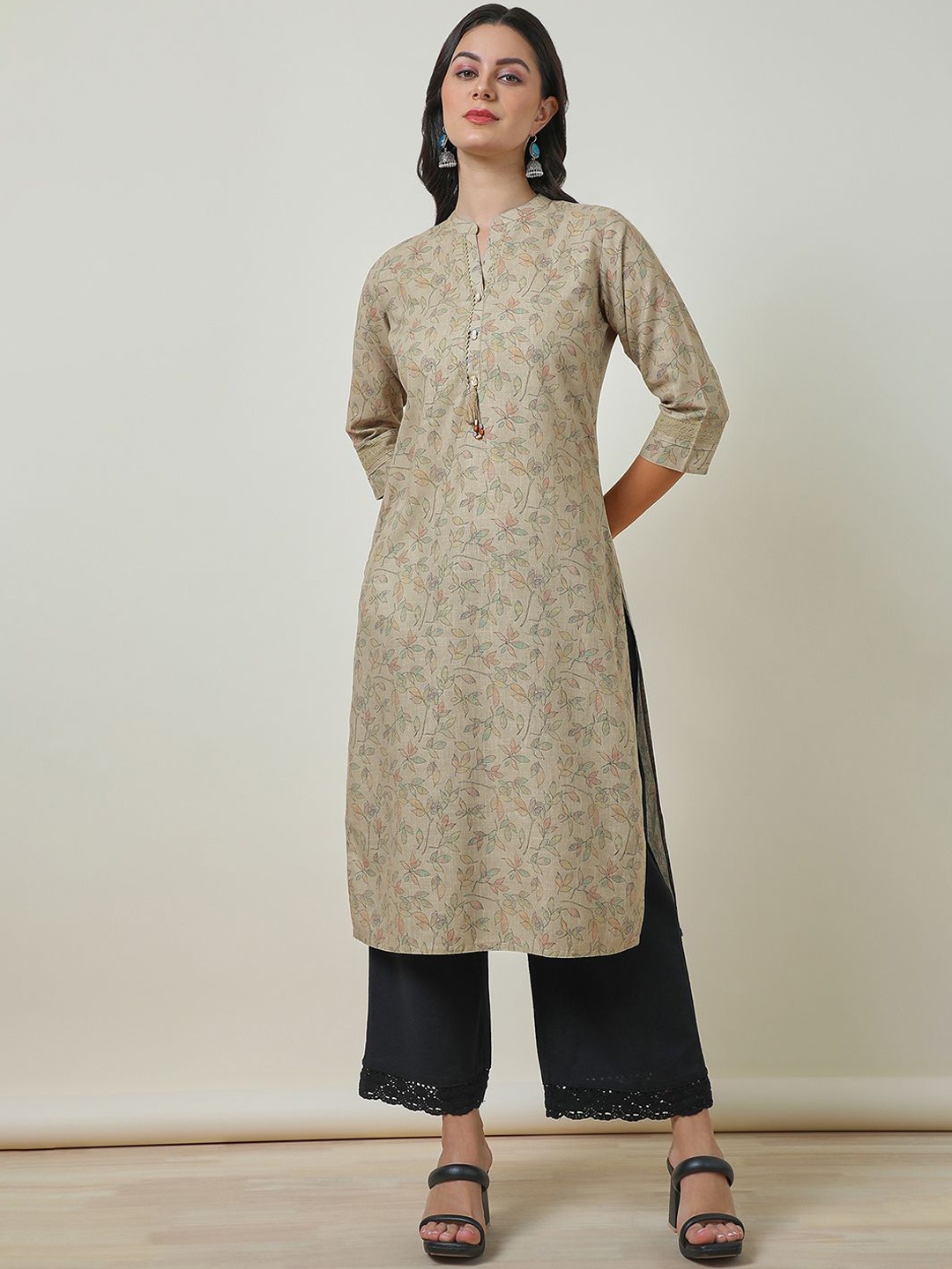 

Soch Floral Printed Mandarin Collar Straight Kurta, Beige