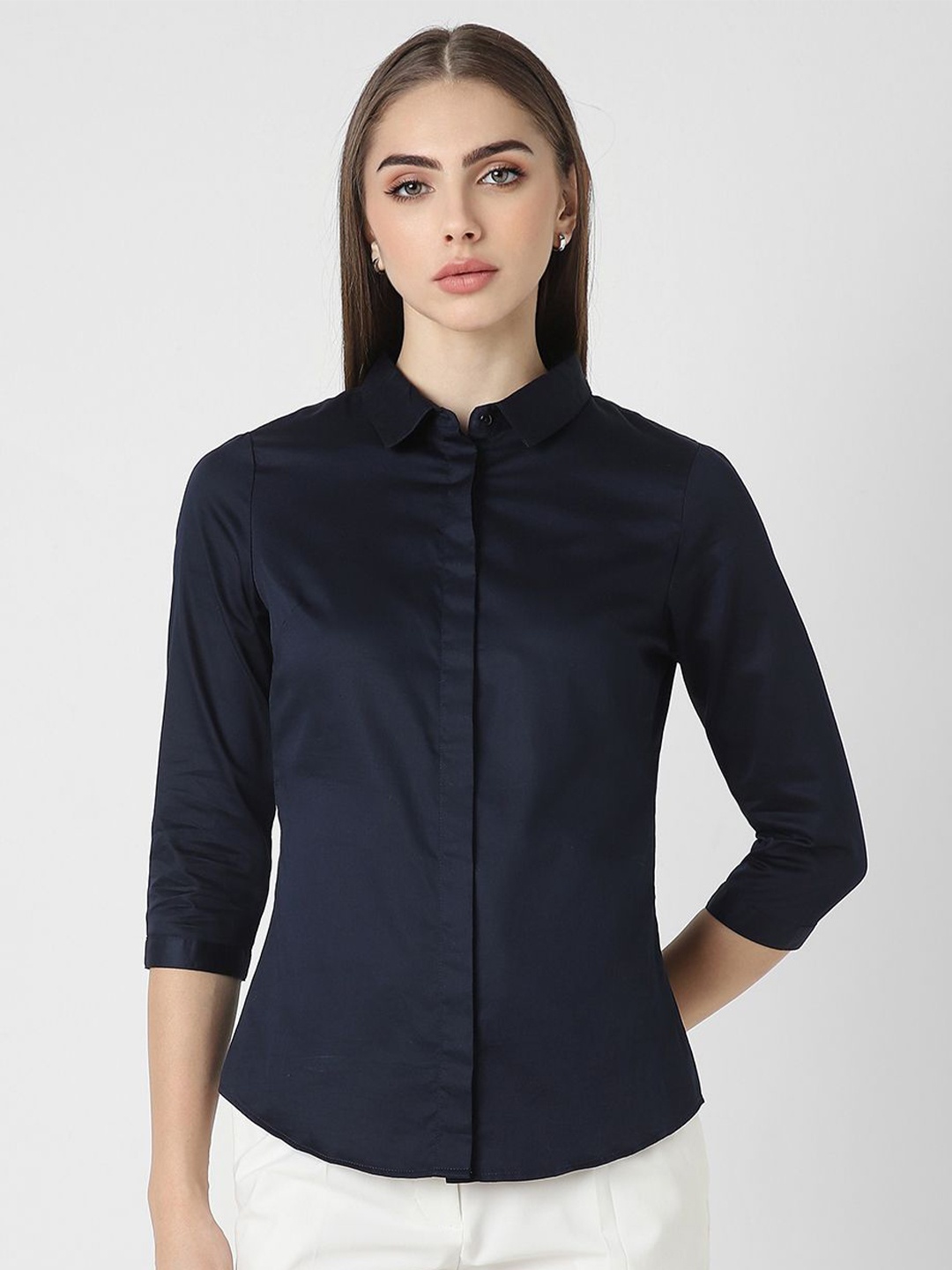 

Van Heusen Woman Women Spread Collar Solid Cotton Formal Shirt, Navy blue