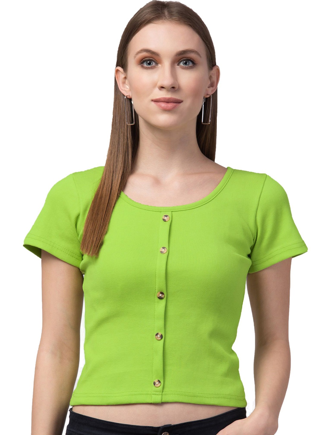 

Nalax Designs Women Round Neck Short Sleeves Applique Crop Top, Green