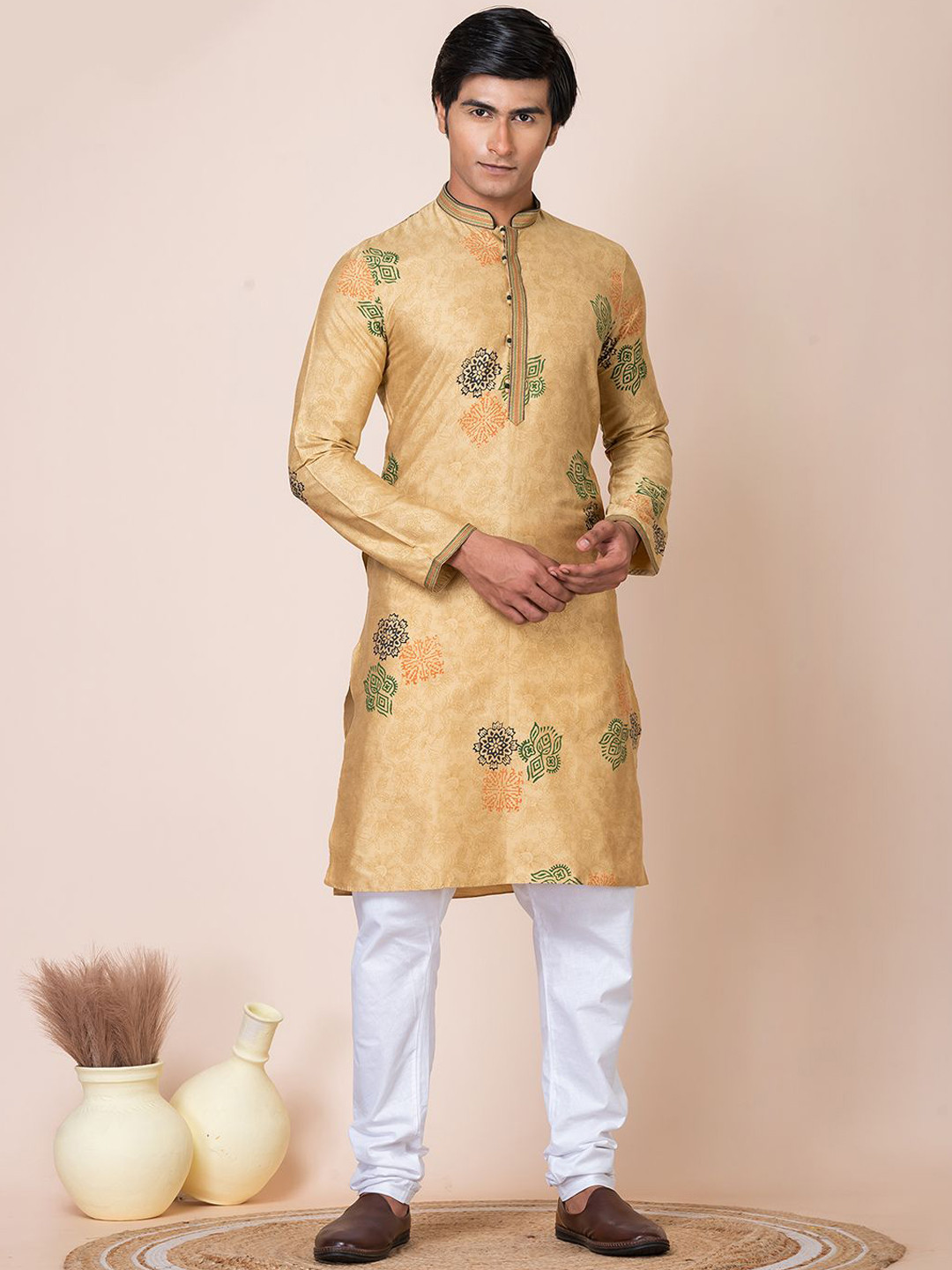 

HU - Handcrafted Uniquely Floral Printed Mandarin Collar Straight Silk Kurta, Beige