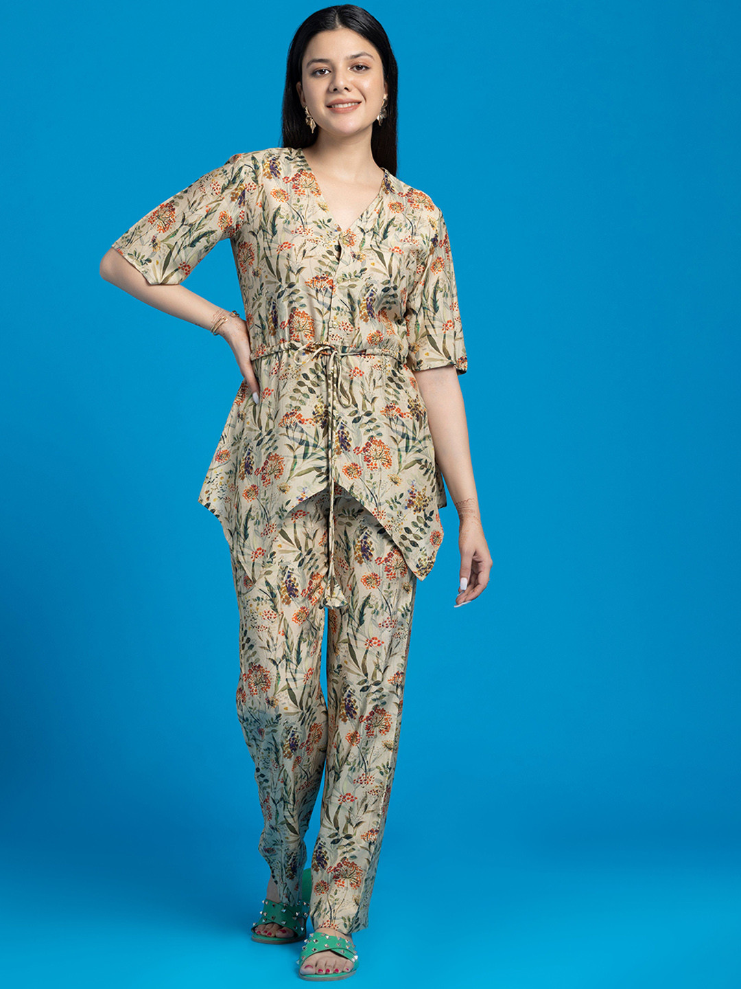 

SEW YOU SOON Floral Printed Top With Trousers, Beige