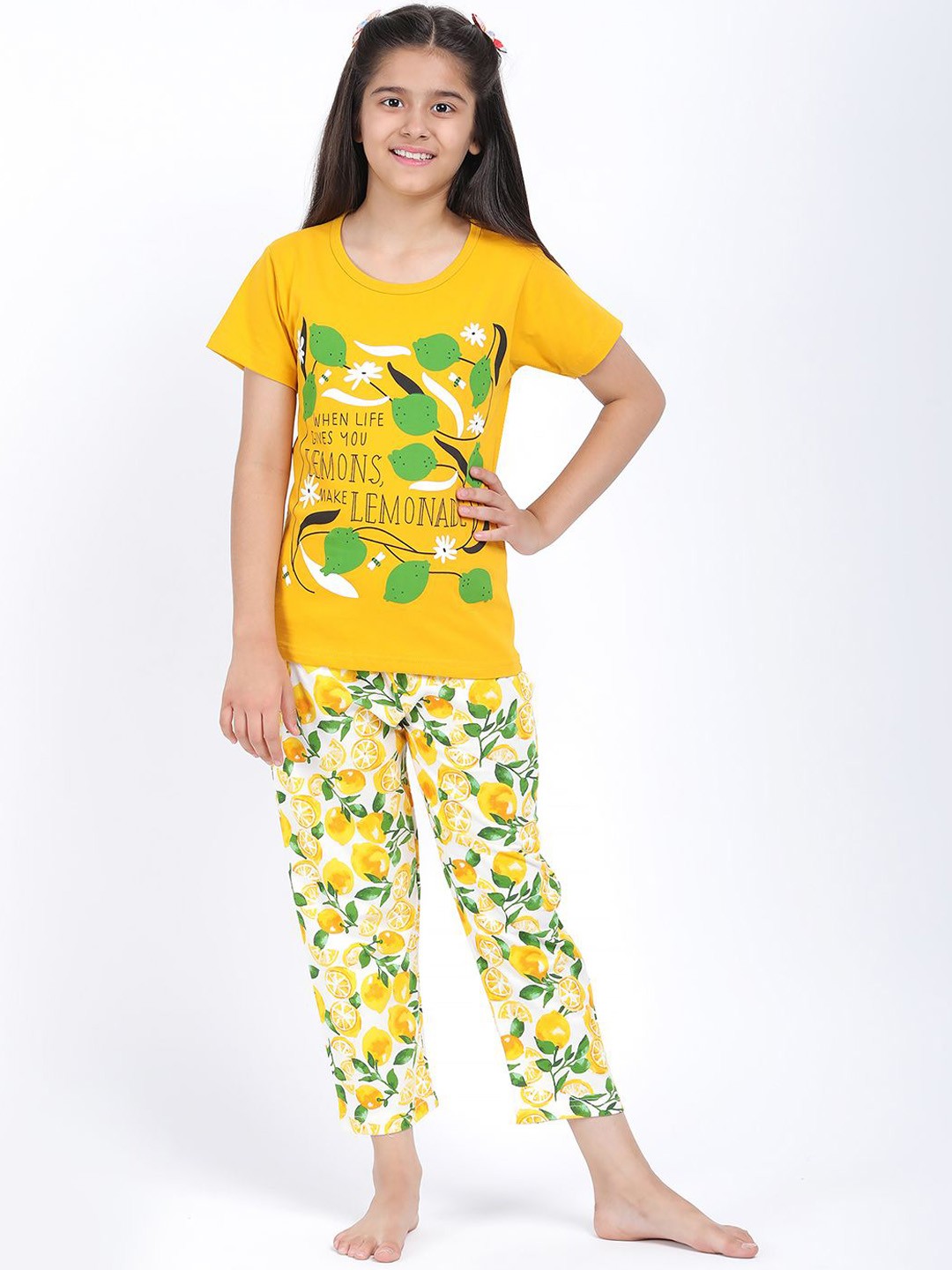 

Elzoh Girls Printed Pure Cotton T-Shirt & Pyjama Night suit Set, Yellow