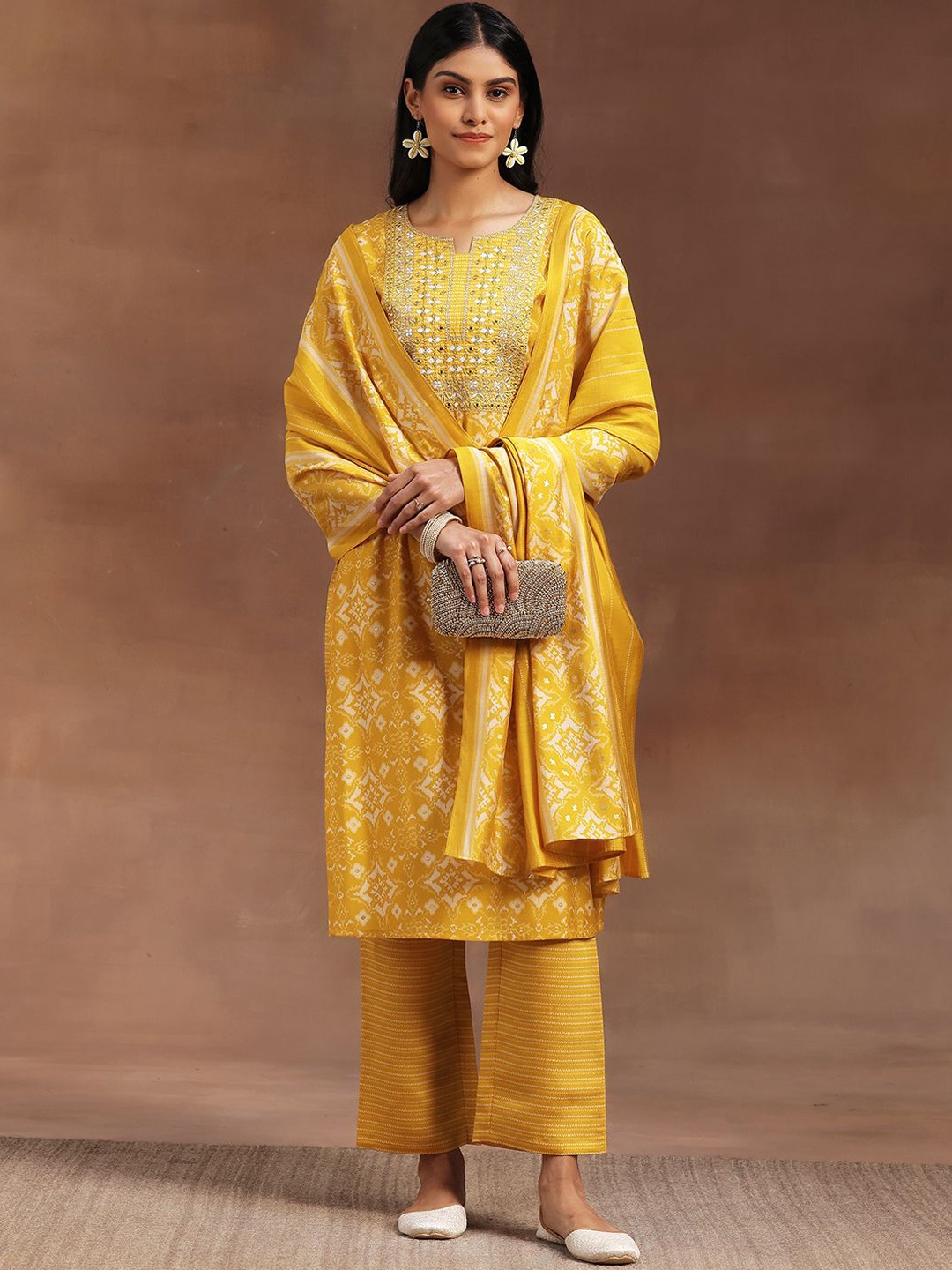 

Libas Ethnic Motifs Printed Mirror Work Straight Kurta with Trousers & Dupatta, Yellow