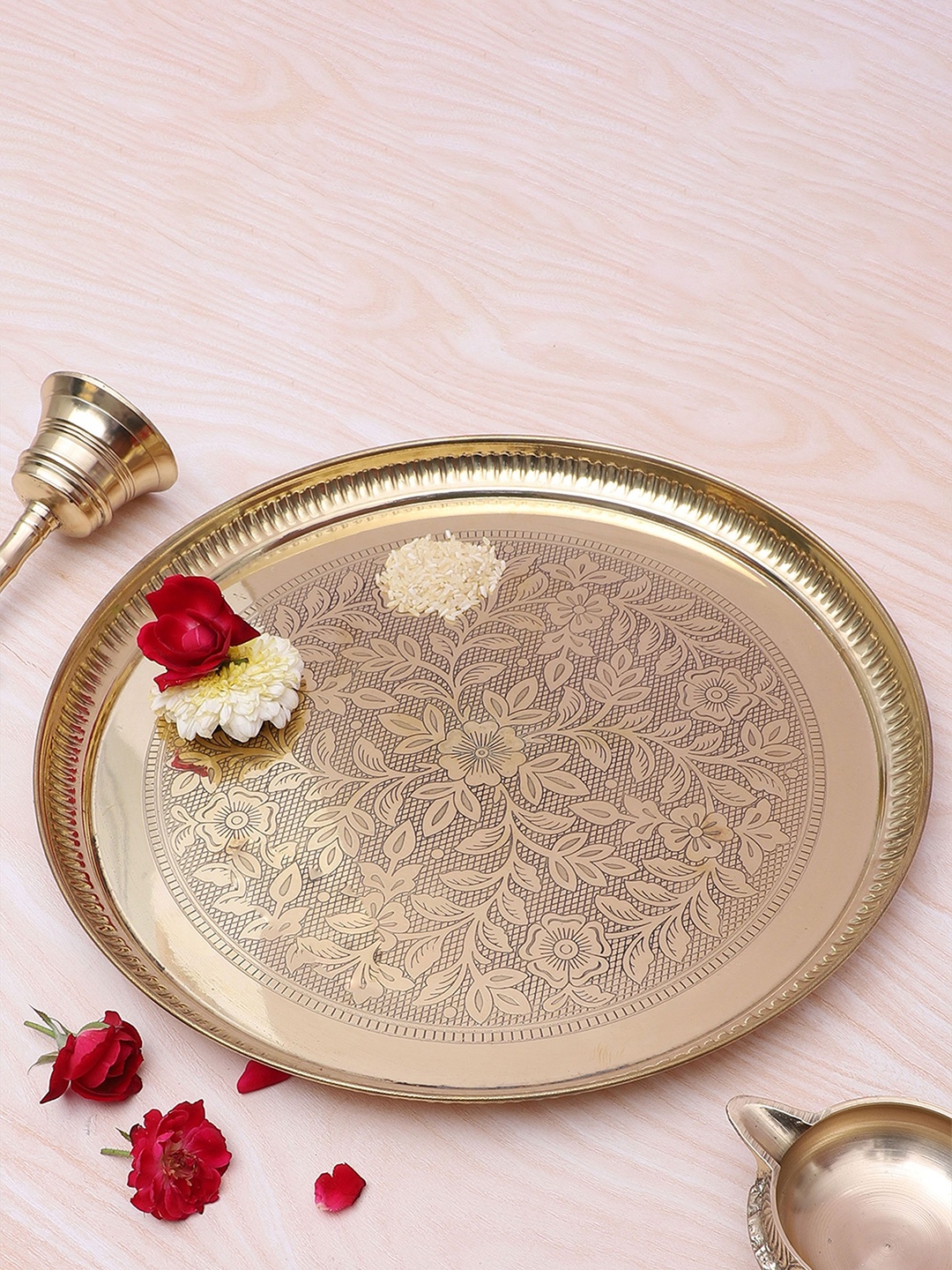 

Two Moustaches Gold Toned Floral Carved Textured Brass Pooja Thali