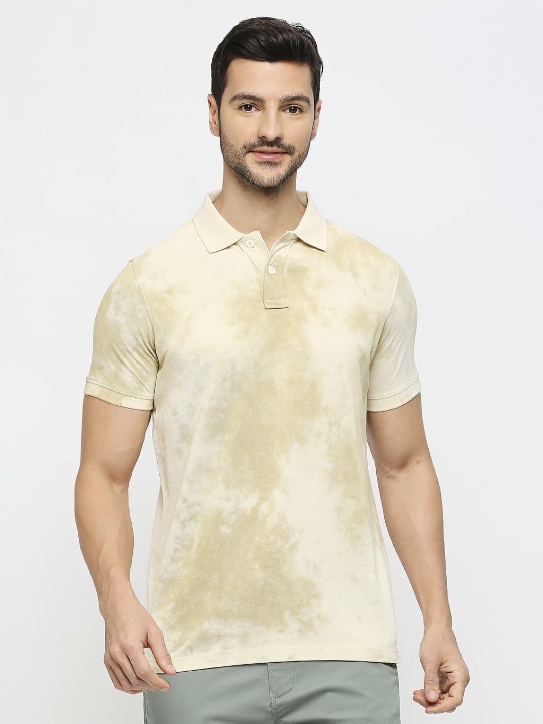 

Basics Men Tie and Dye Printed Polo Collar Cotton Slim Fit T-shirt, Beige