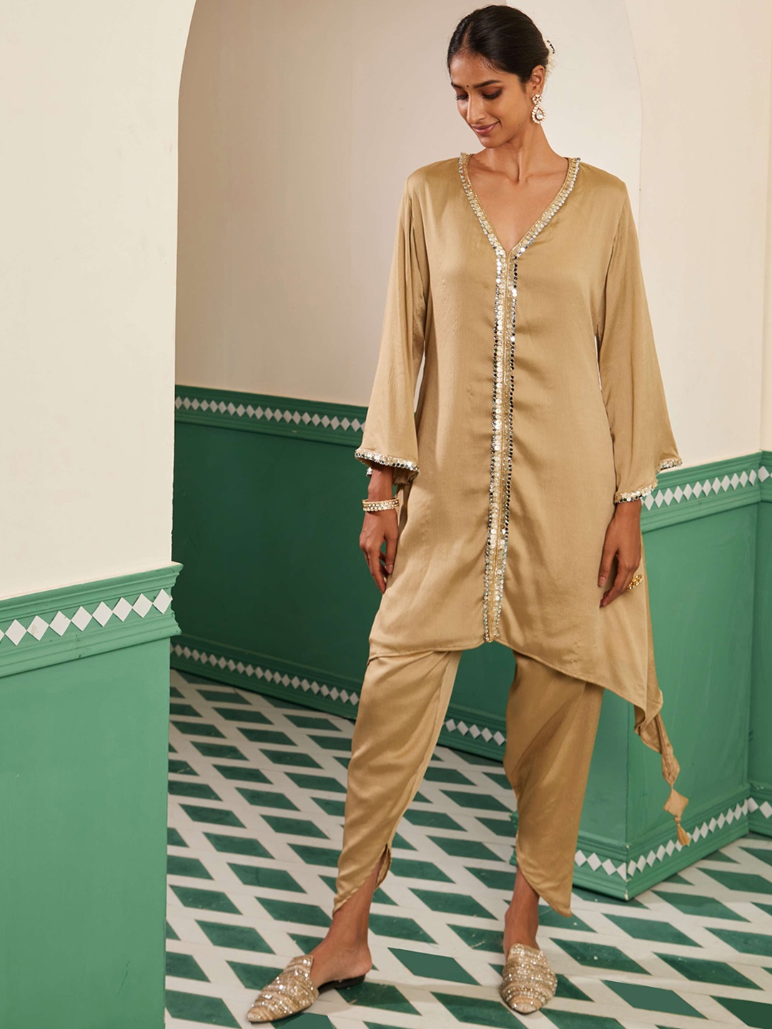

Alaya By Stage3 Sajda Flared Sleeves Regular Sequinned A-Line Kurti With Dhoti Pants, Nude