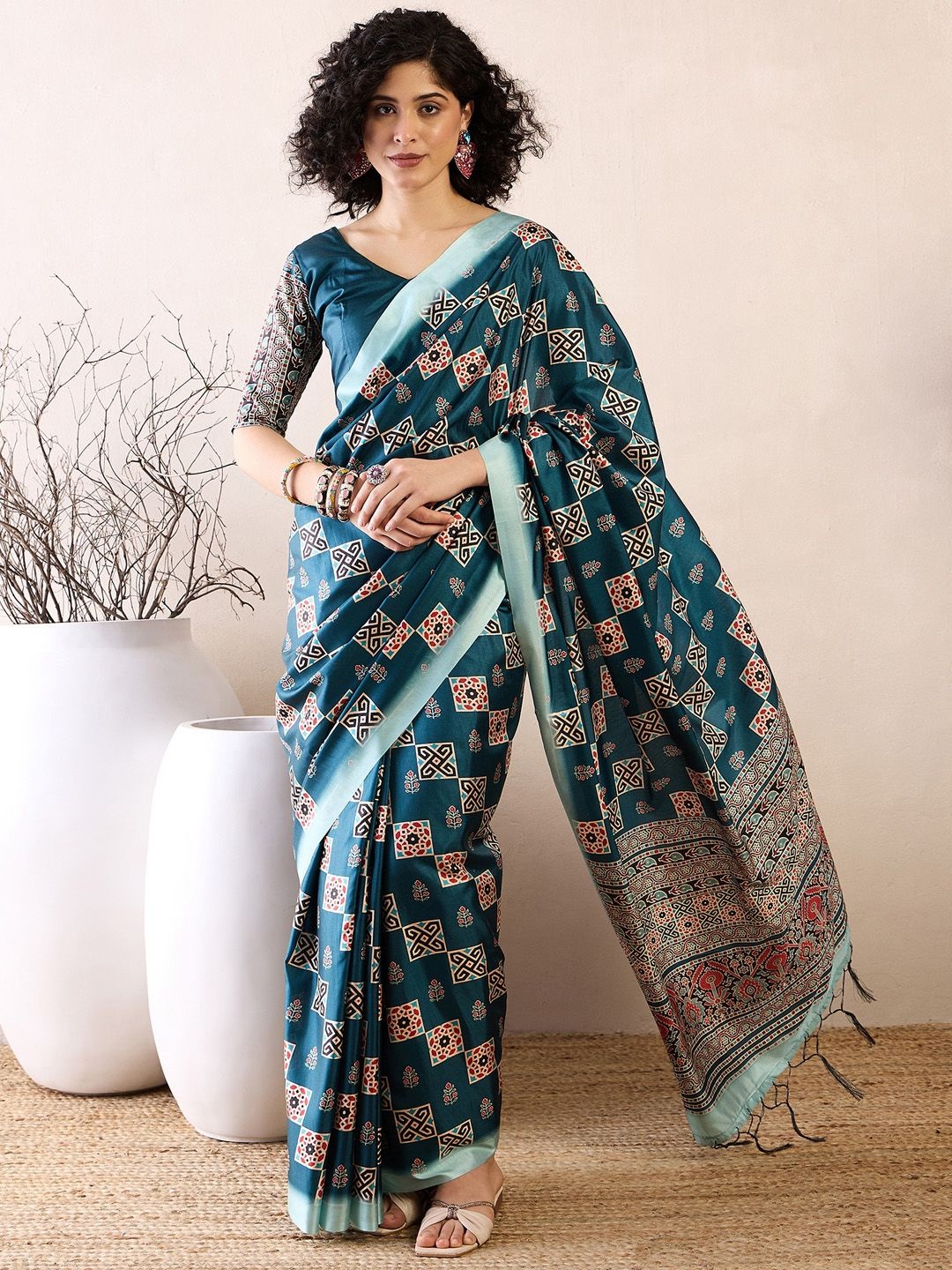 

Saree mall Ajrak Block Satin Bagru Sarees, Blue