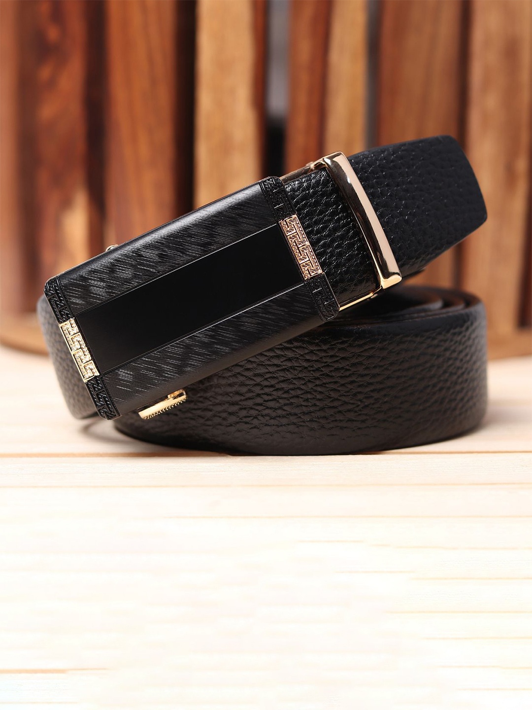 

WINSOME DEAL Men Slider Buckle Closure Textured Formal Belt, Black