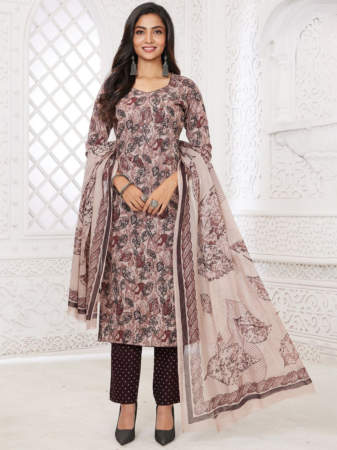 

MIRAAN Floral Printed Pure Cotton Kurta with Trousers & Dupatta, Grey