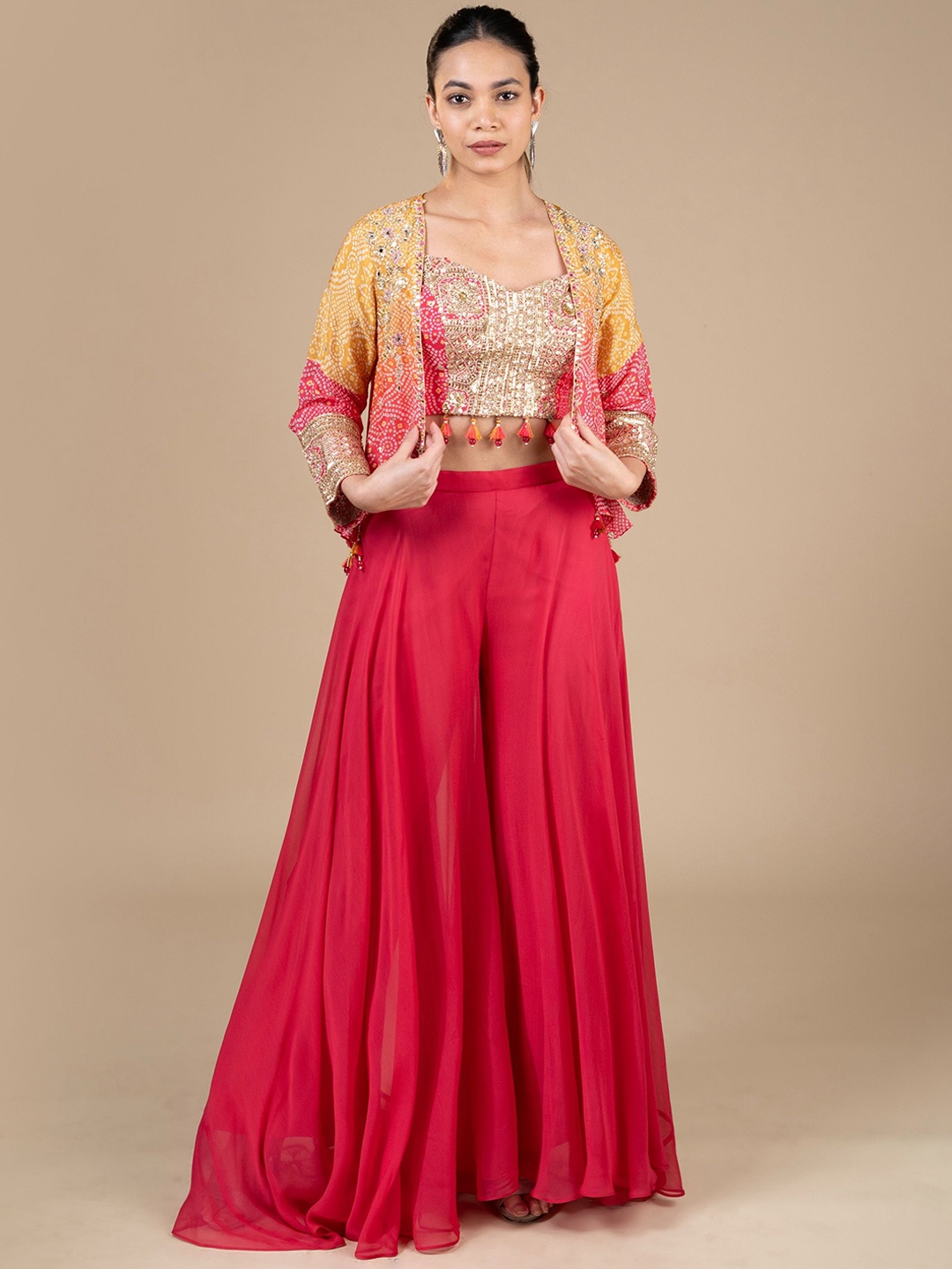 

House Of Dharaa Embellished Shoulder Straps Top with Palazzo & Jacket, Red