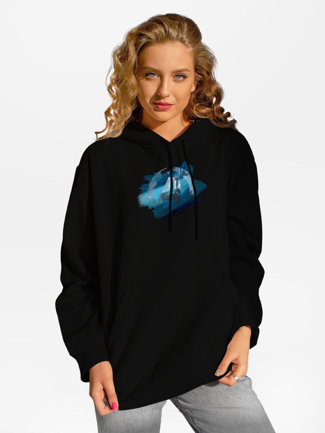 

macmerise Women Printed Hooded Sweatshirt, Black