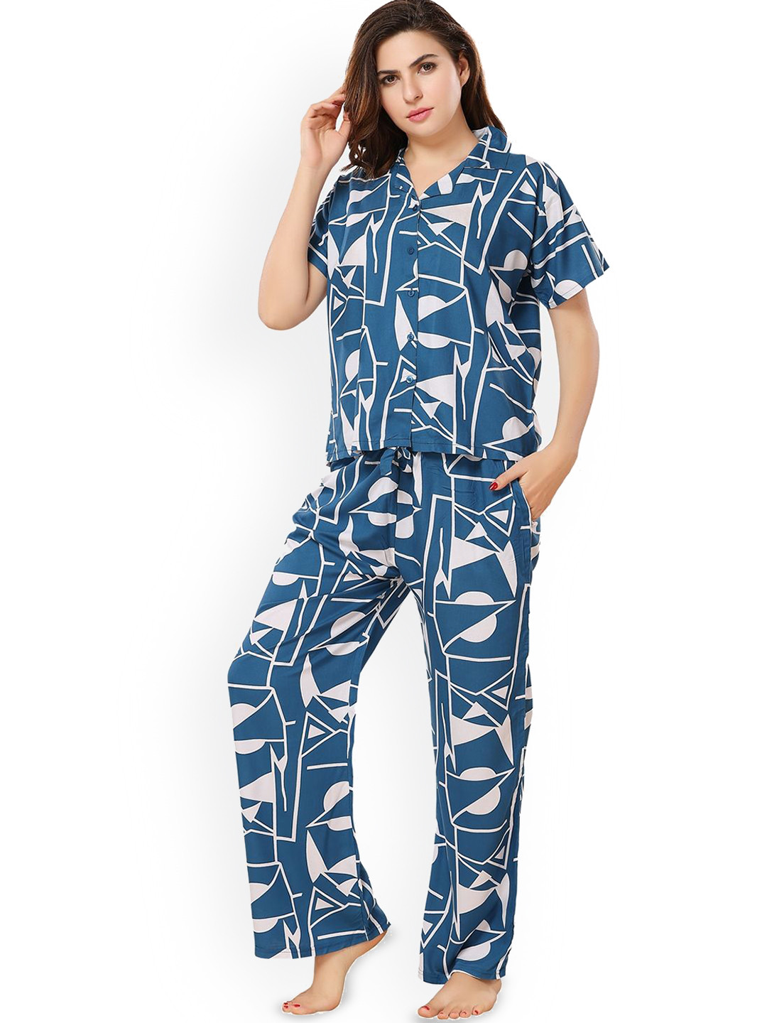 

Fabme Geometric Printed Shirt With Trousers, Blue