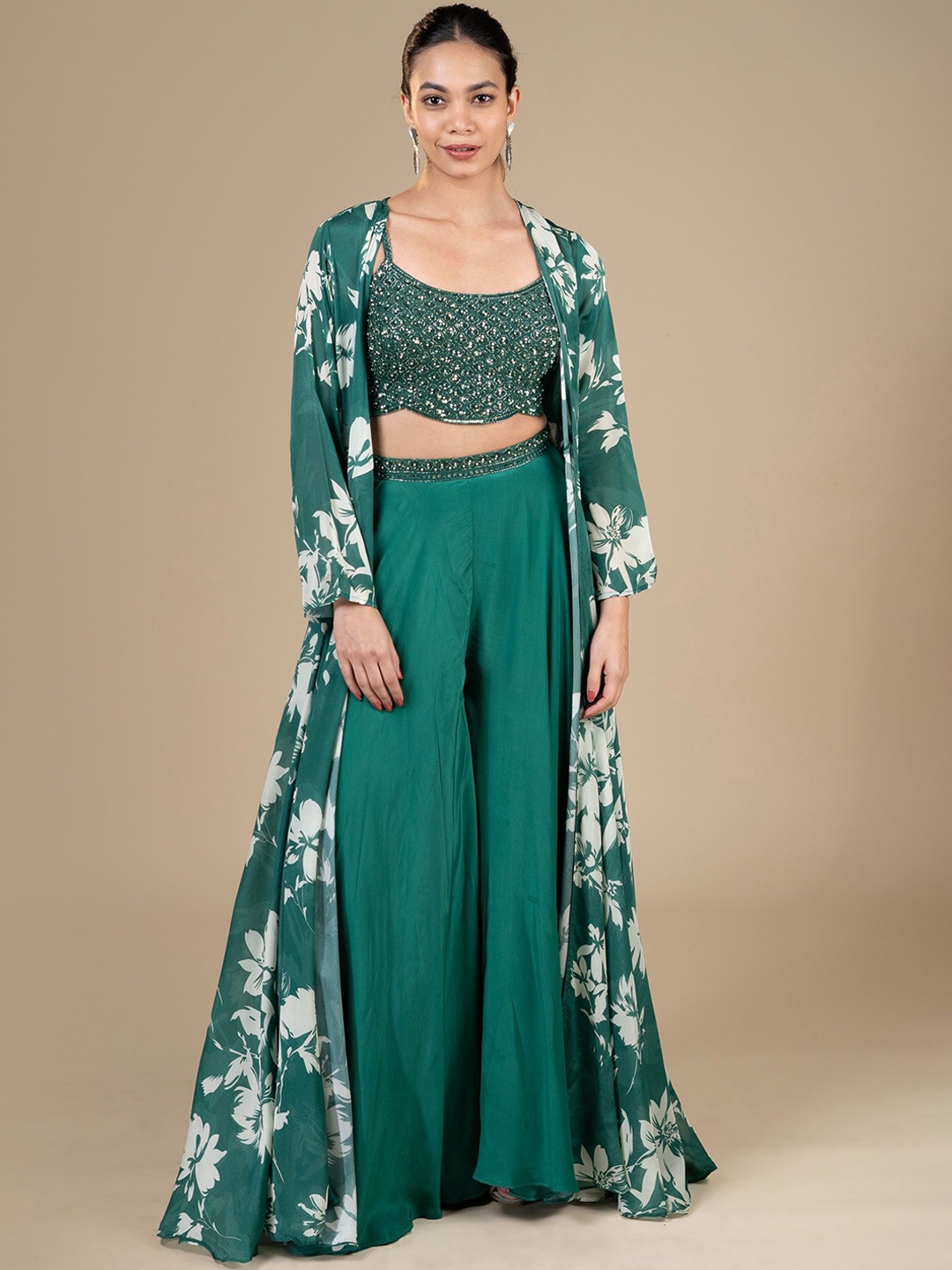 

House Of Dharaa Embellished Top With Palazzo & Shrug, Green