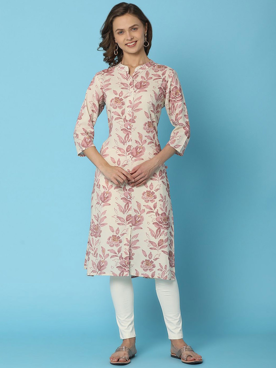 

V-Mart Floral Printed Mandarin Collar Straight Kurta, Beige