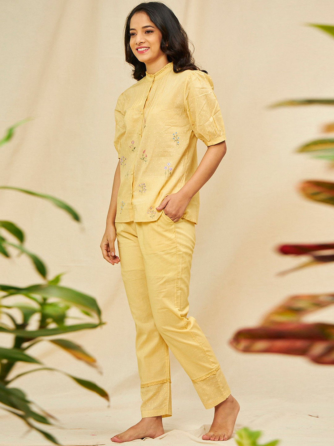 

July Women Mock Neck Puff Sleeve Night suit JPR012, Yellow