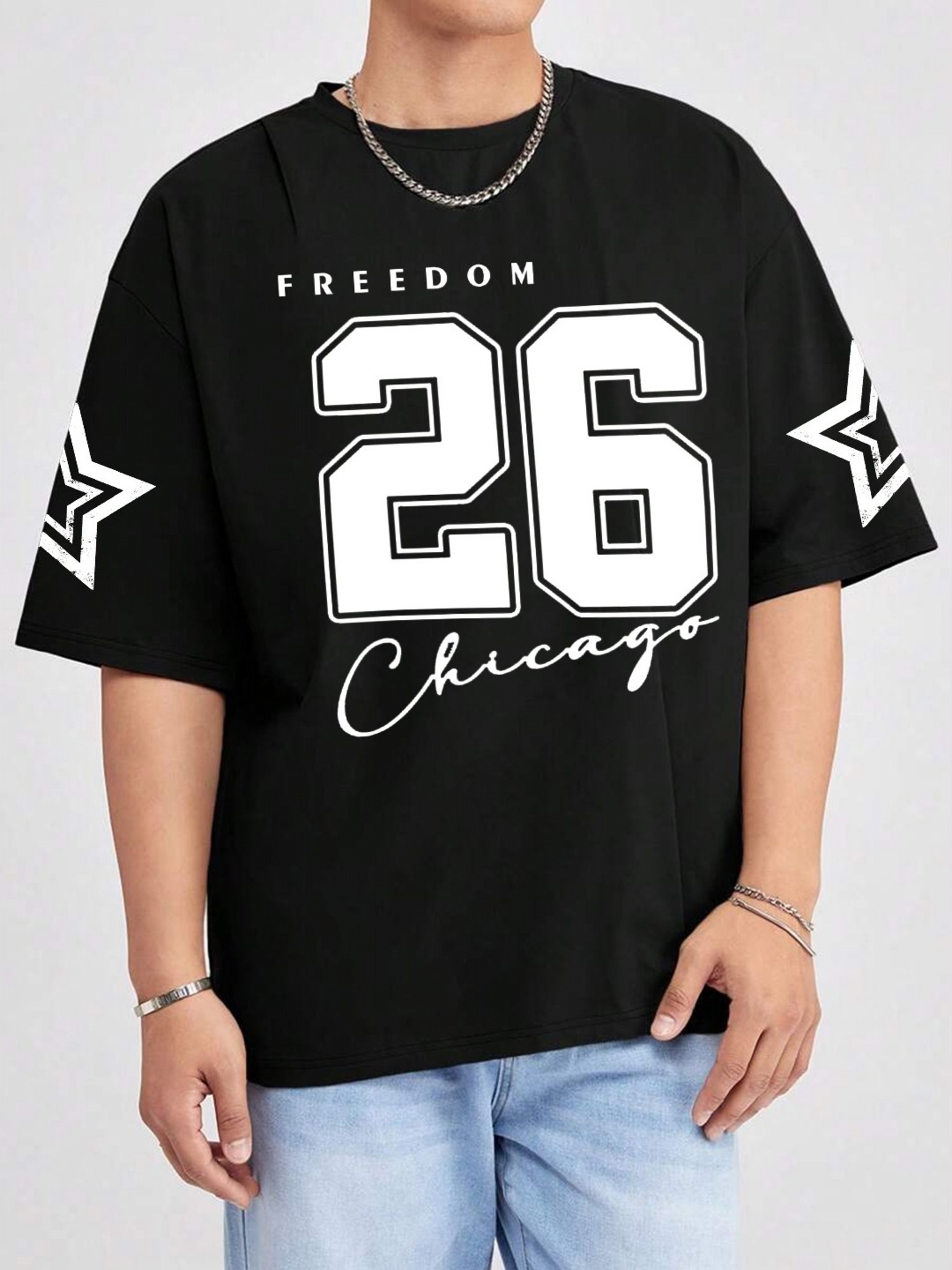 

TABADTOD Men Varsity Printed V-Neck Applique T-shirt, Black