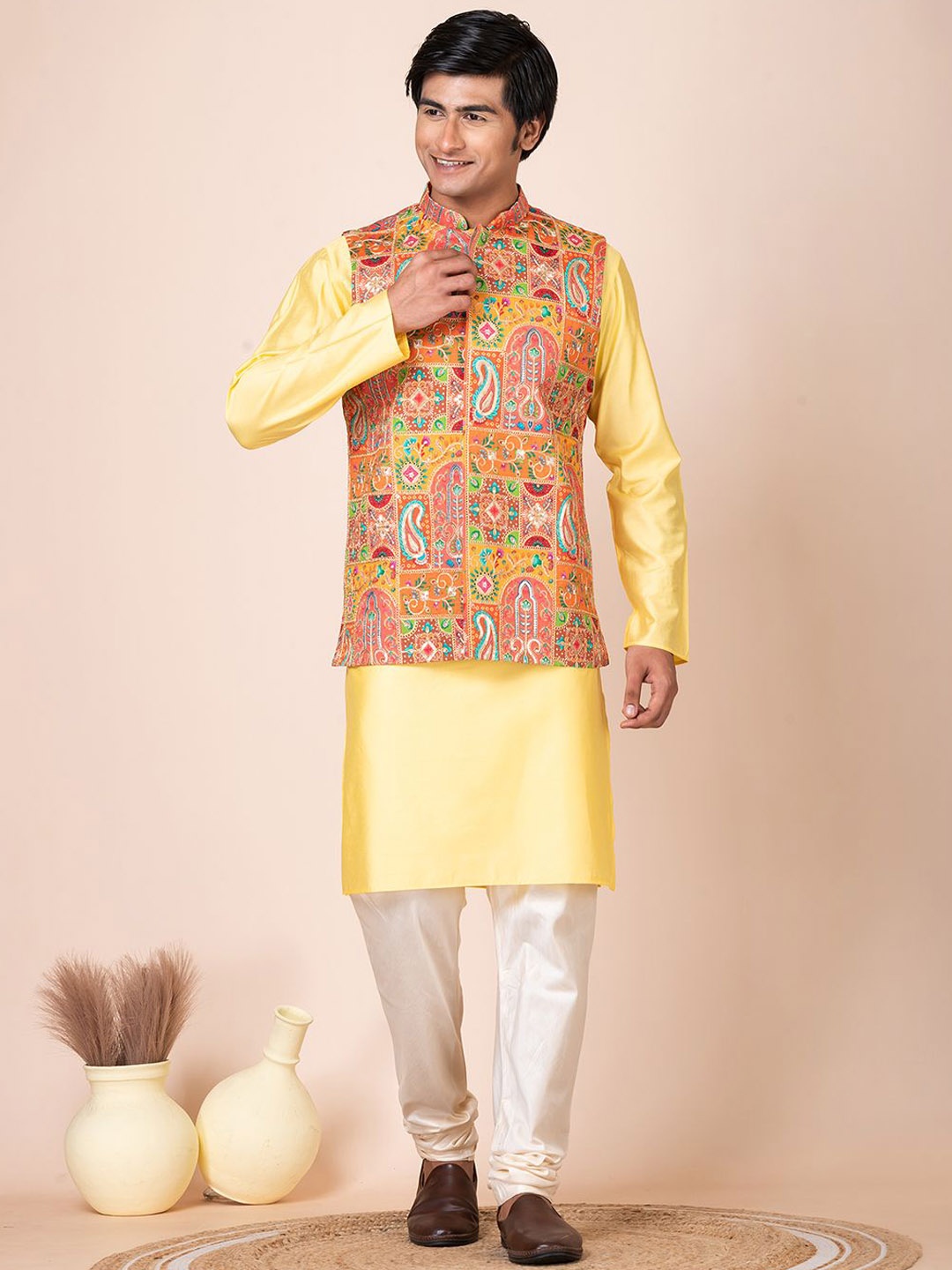 

HU - Handcrafted Uniquely Mandarin Collar Straight Kurta with Churidar & Jacket, Orange