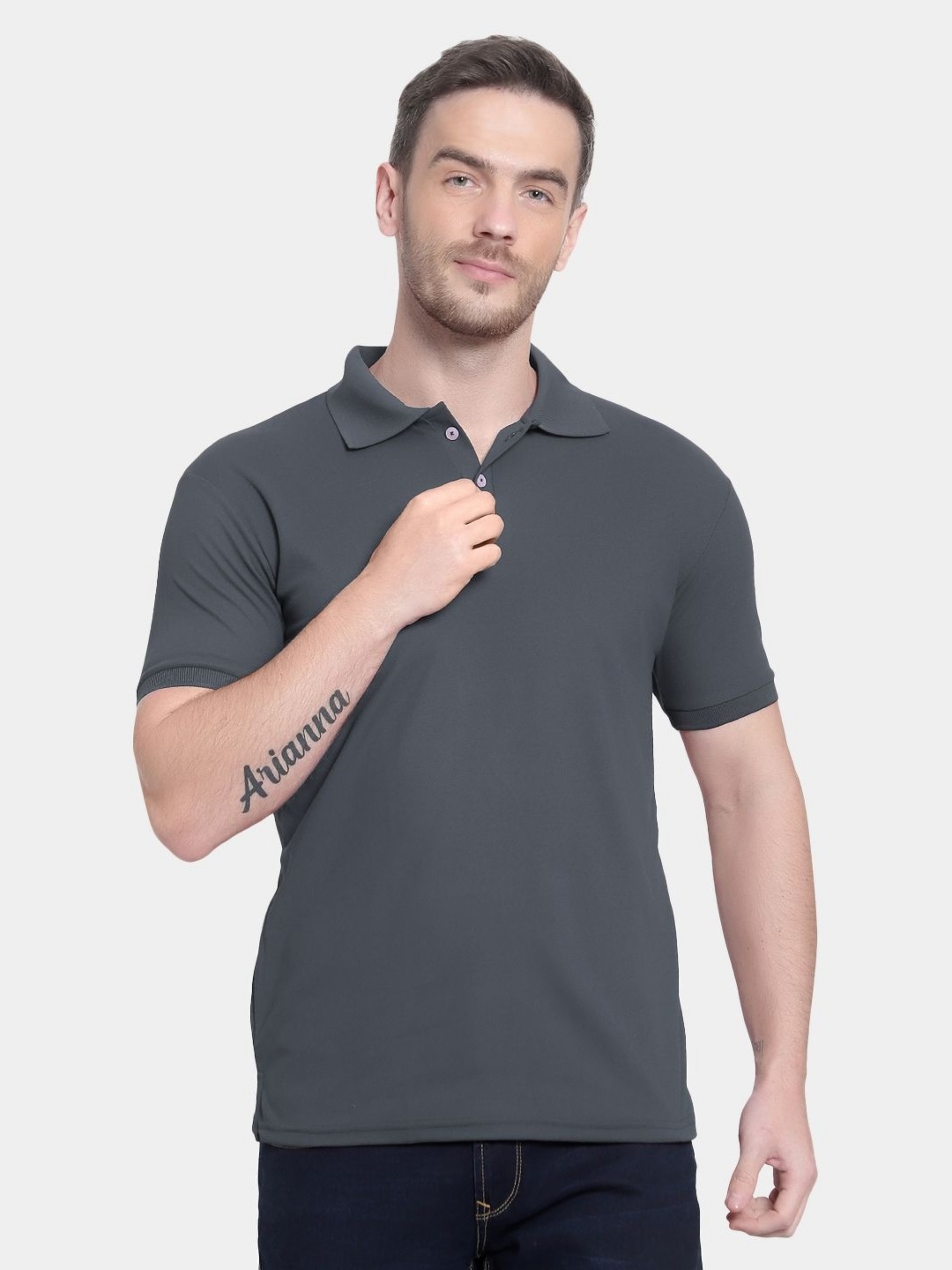 

MANTICORE Men Solid Polo Collar Cotton T-shirt, Charcoal