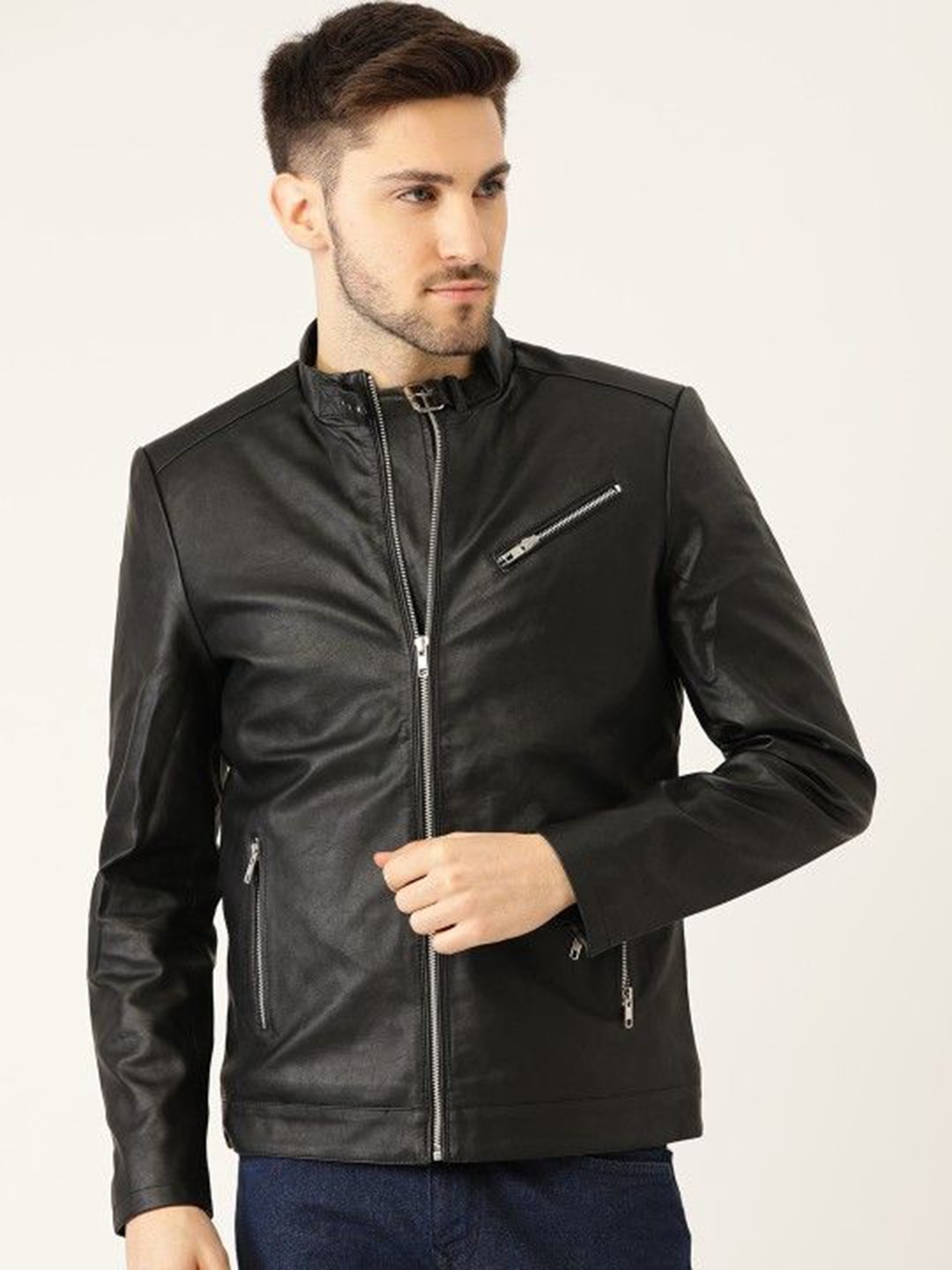 

Leather Retail Men Colourblocked Lightweight Longline Biker Jacket, Black