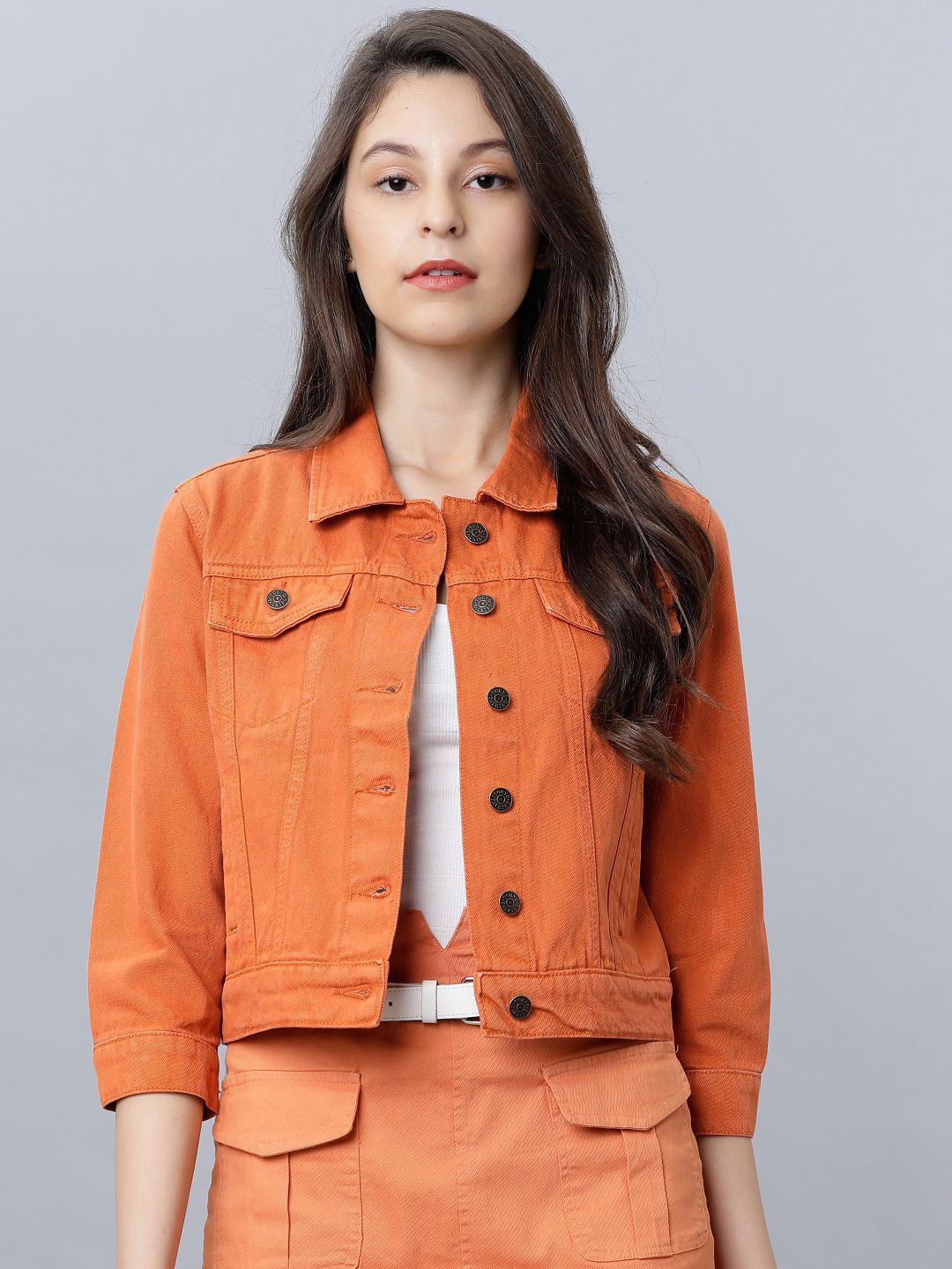 

Tokyo Talkies Women Floral Crop Denim Jacket Embroidered, Brown