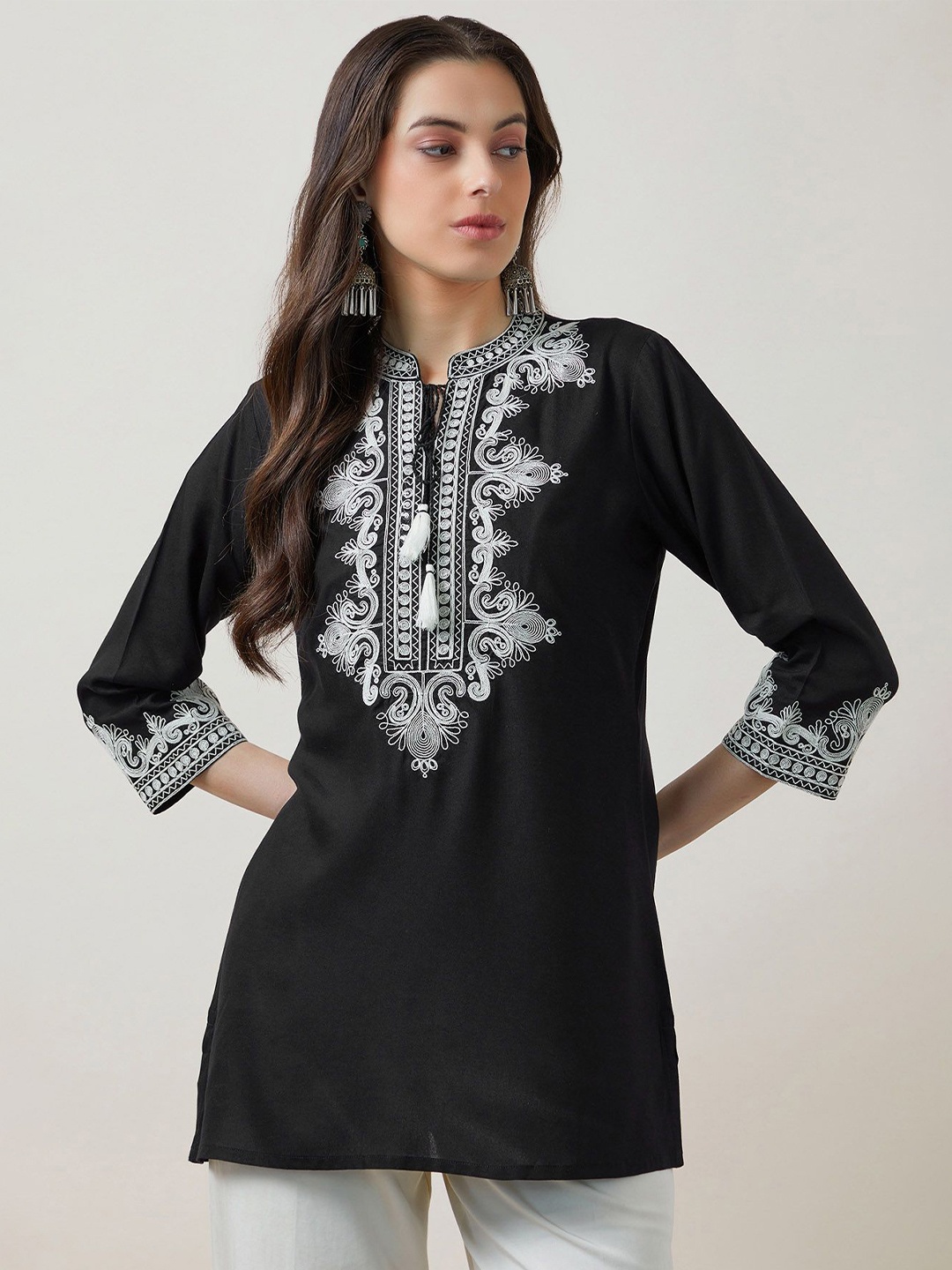 

Soch Floral Embroidered Tie-Up Neck Tunic, Black