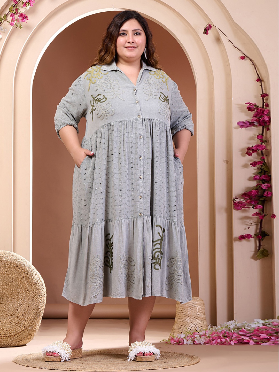 

PrettyPlus by Desinoor.com Plus Size Embroidered Cotton Shirt Midi Dress, Grey