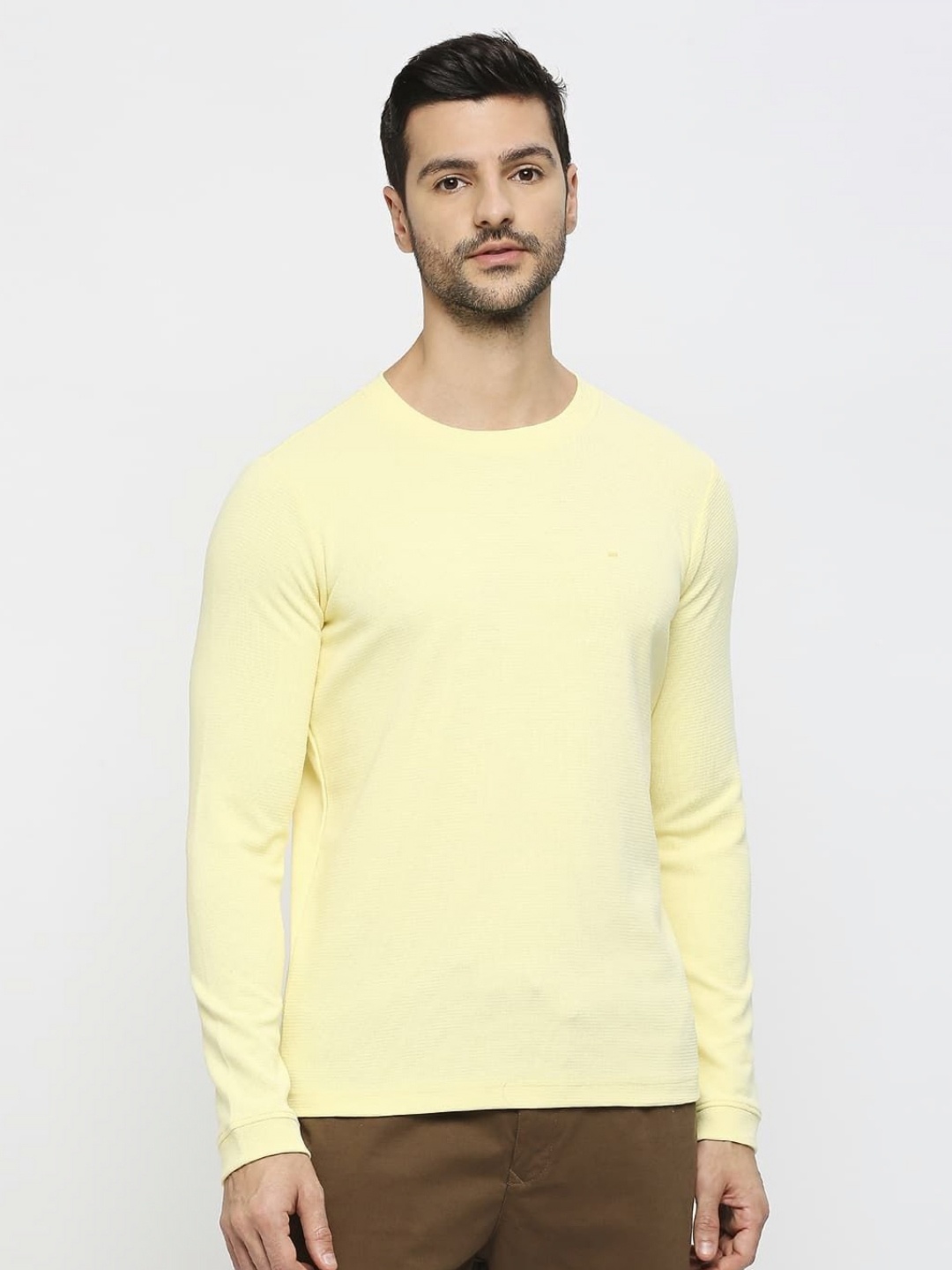 

Basics Men Solid Round Neck Cotton Slim Fit T-shirt, Yellow