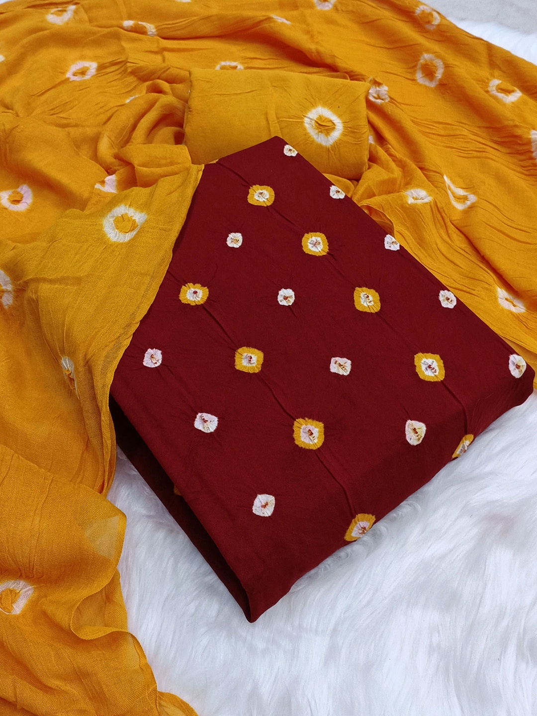 

KALINI Bandhani Printed Pure Cotton Unstitched Dress Material, Maroon