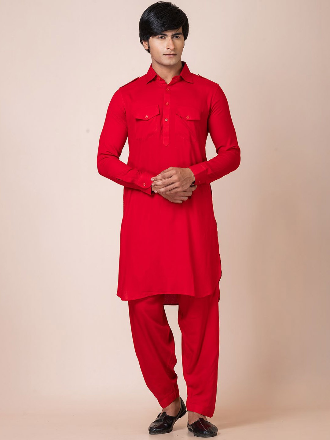 

HU - Handcrafted Uniquely Shirt Collar Pure Cotton Pathani Kurta with Churidar, Red