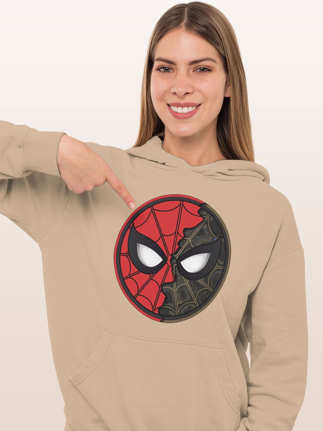 

macmerise Women Printed Hooded Sweatshirt, Beige