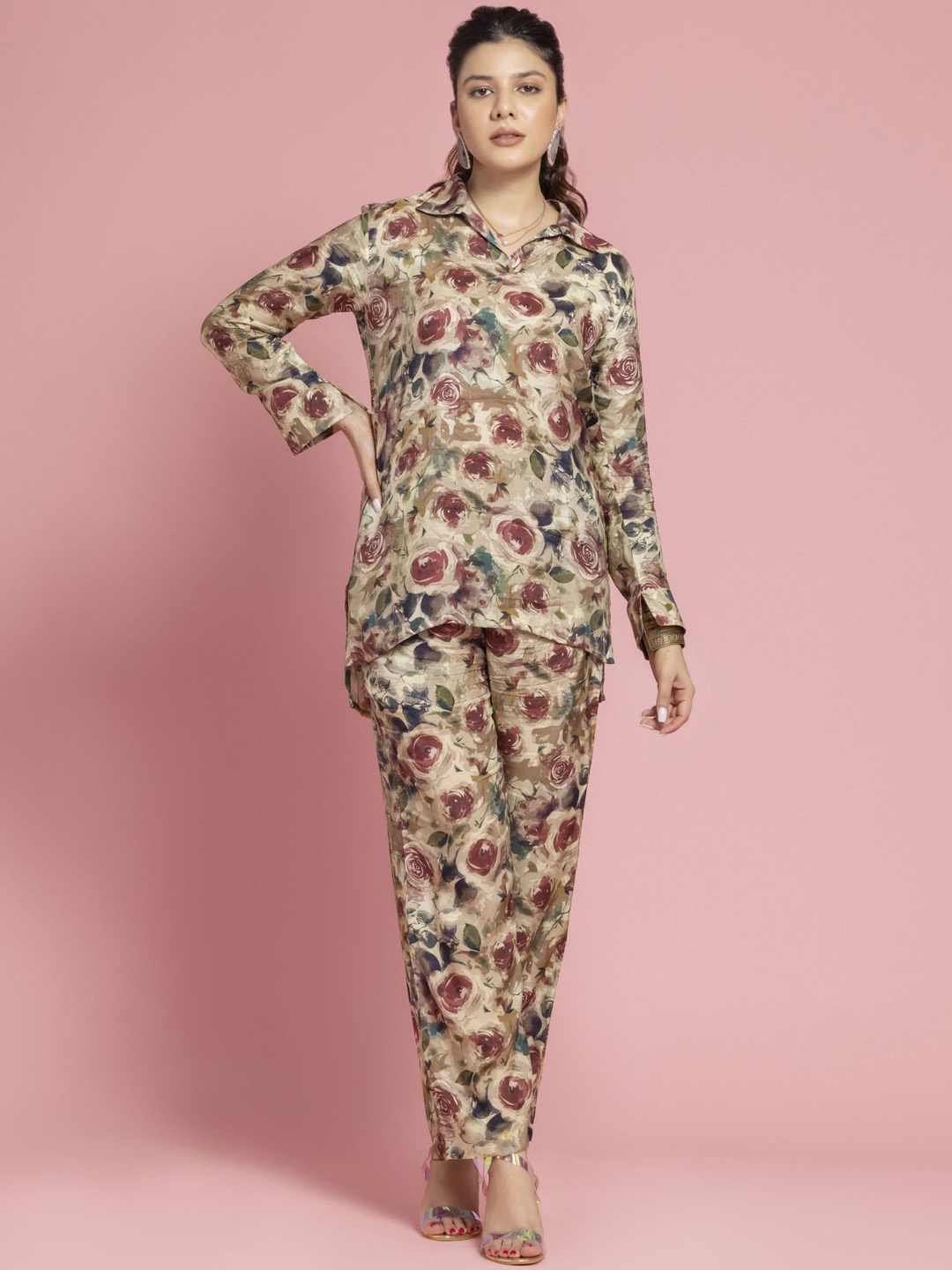 

SEW YOU SOON Floral Printed Tunic With Trousers, Beige