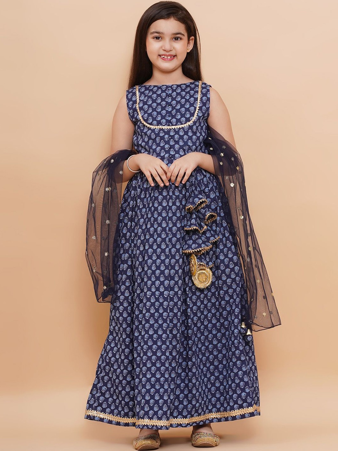 

PICCOLO Girls Printed Maxi Ethnic Dresses With Dupatta, Blue