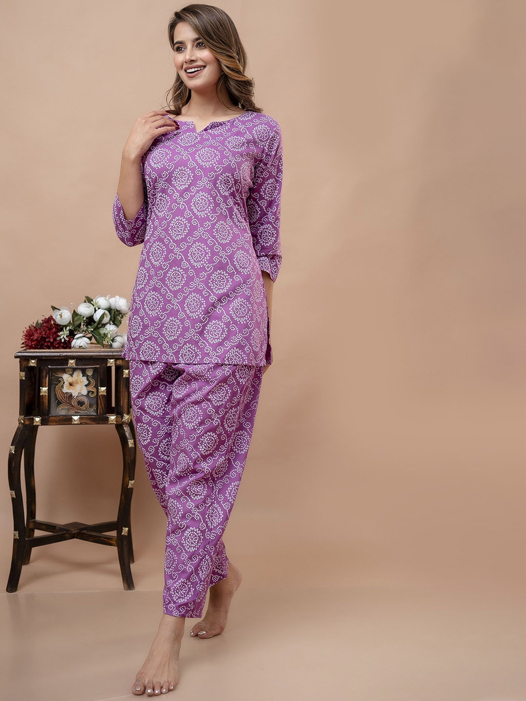 

Shedika Women Printed Pyjamas & Kurti Night suit, Purple